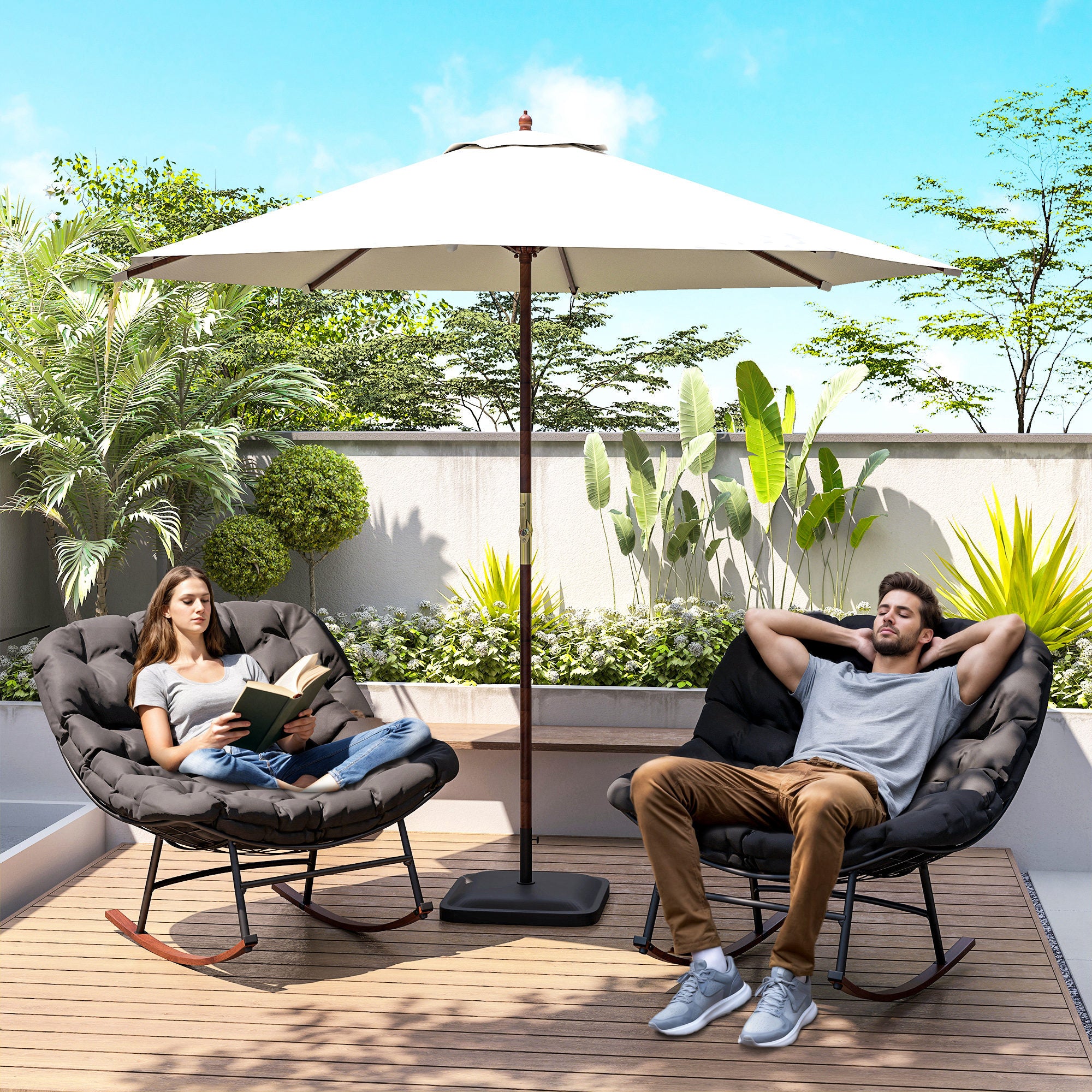 Outdoor Rocking Chair Patio Set of 2, Oversized Rocking Papasan Chairs with Cushions for Garden Porch, 265 lbs., Black