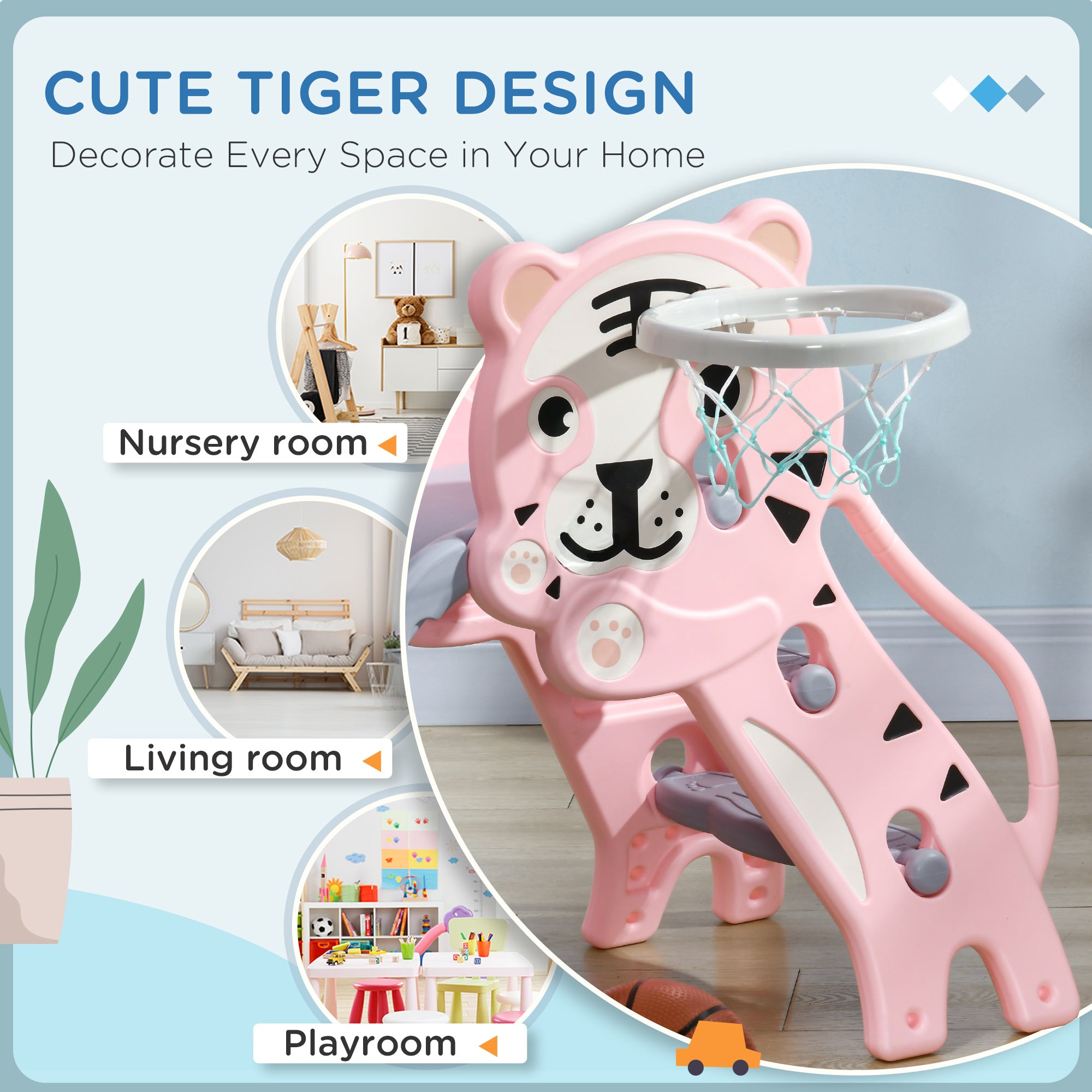 Slide for Kids with Basketball Hoop for Indoor Use, Easy Set Up Baby Slide for Kids 18-36 Months, Pink
