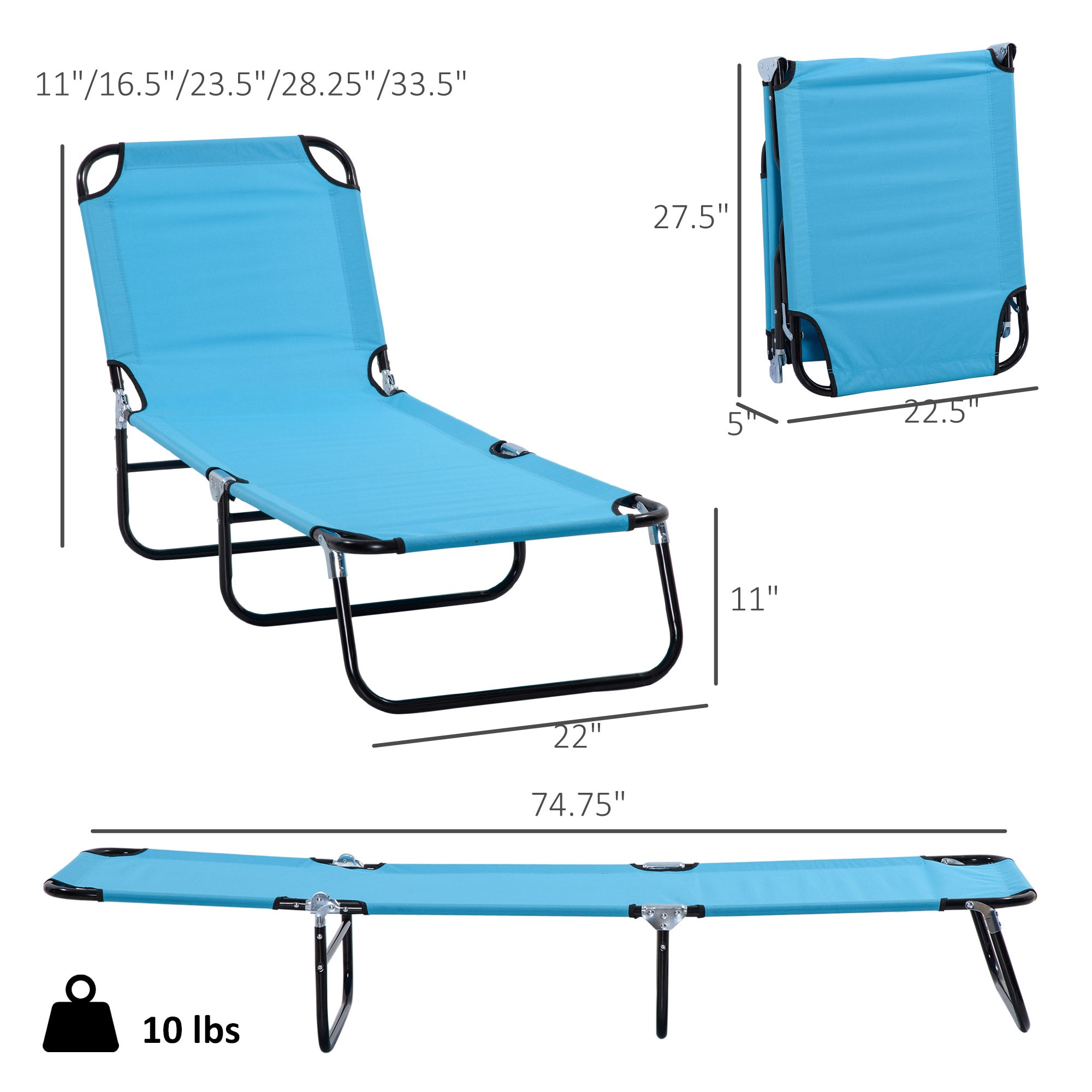 Folding Chaise Lounge Pool Chairs, Outdoor Sun Tanning Chairs with 5-Level Reclining Back, Steel Frame for Beach, Yard, Patio, Sky Blue