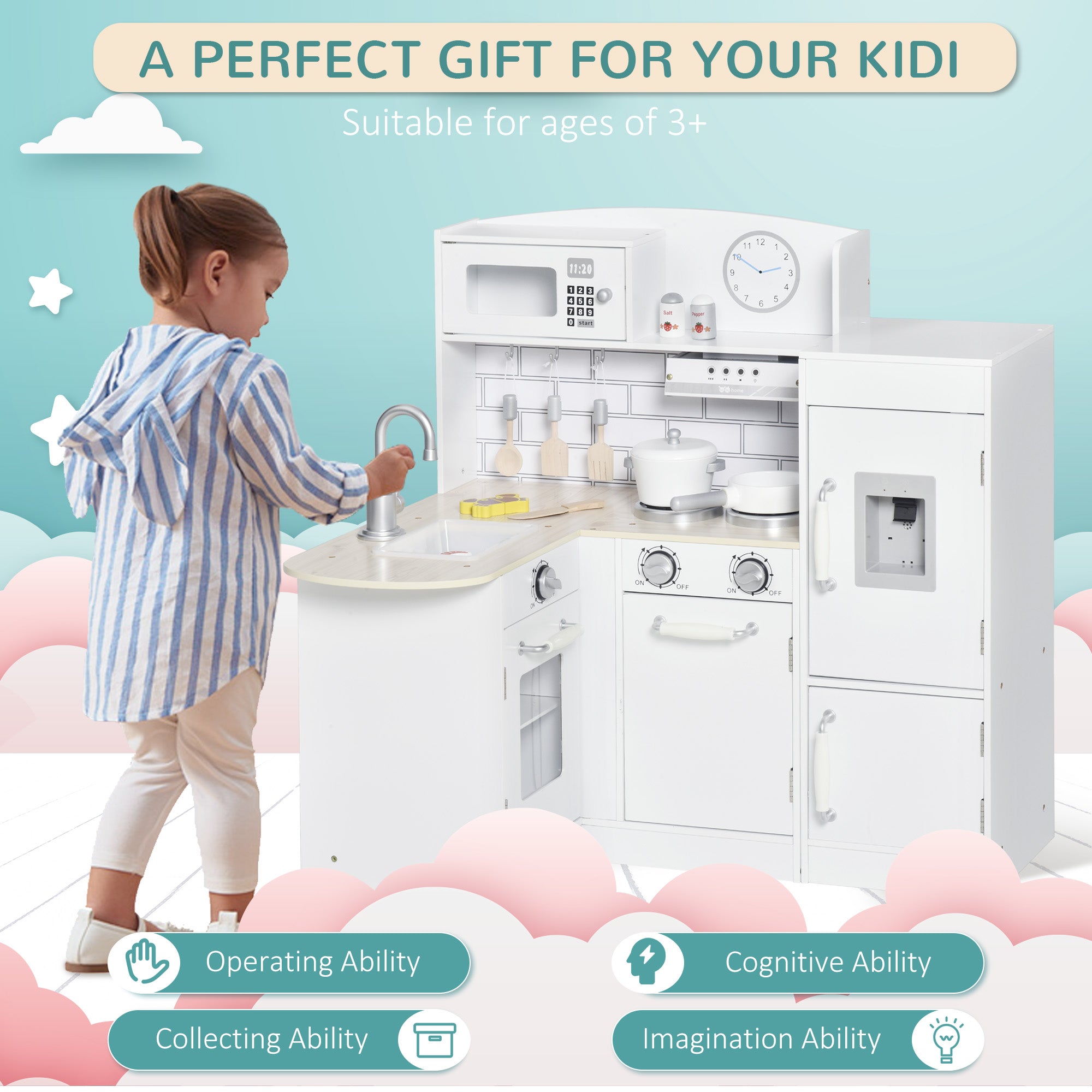 Corner Kids Kitchen Playset, Wooden Pretend Toy Kitchen Set with Drinking Fountain, Microwave, Fridge and Accessories, Pretend Play Kitchen for 3+ Years, White