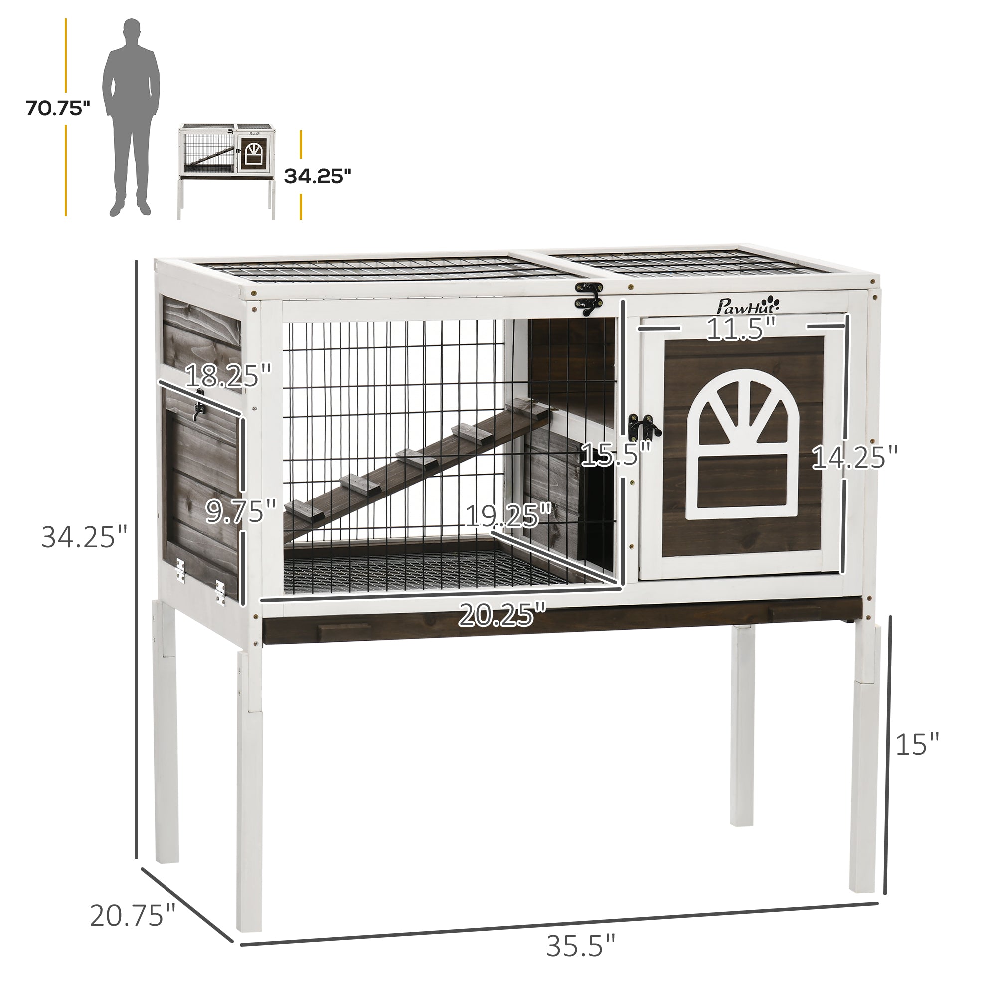 Wood Rabbit Hutch, Elevated Guinea Pig Cage with Run, Coffee