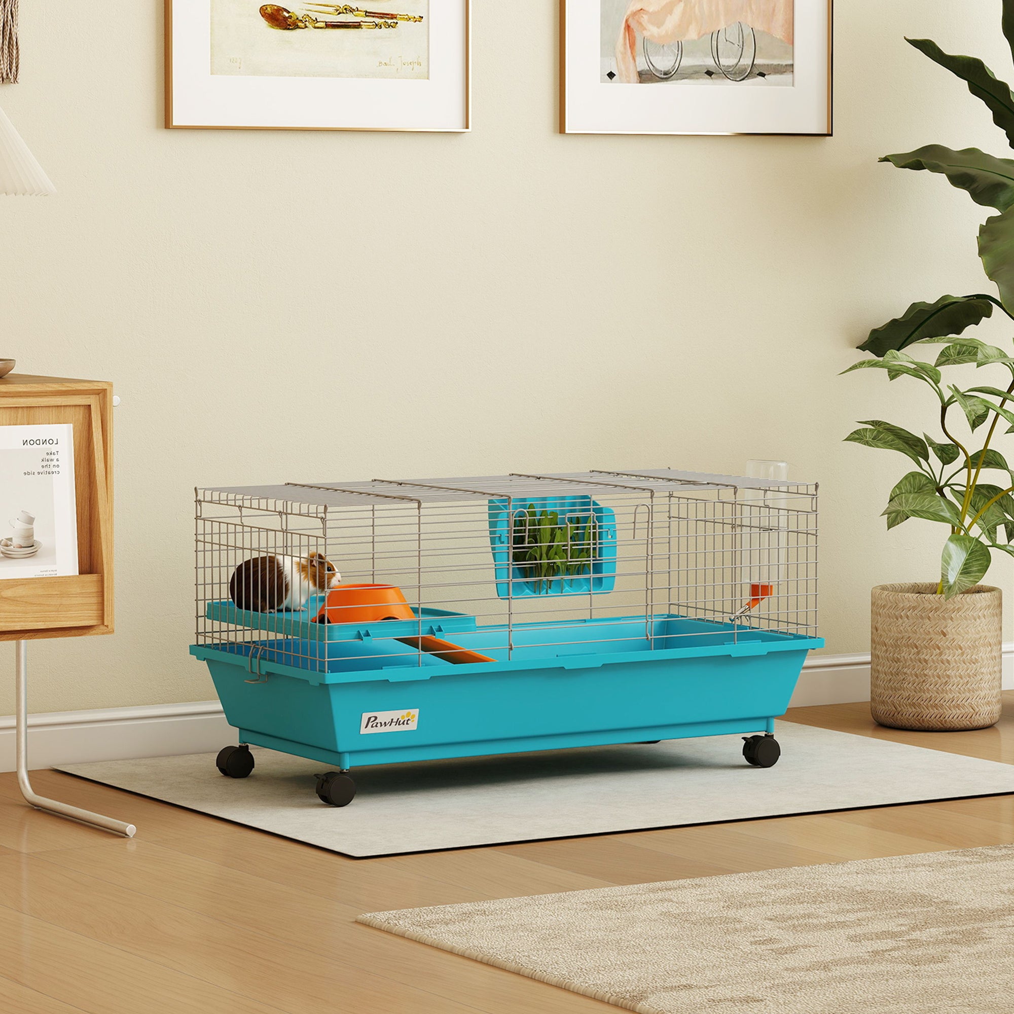 35"L Small Animal Cage, Rolling Bunny Cage, Guinea Pig Cage with Wheels, Food Dish, Water Bottle, Hay Feeder, Blue