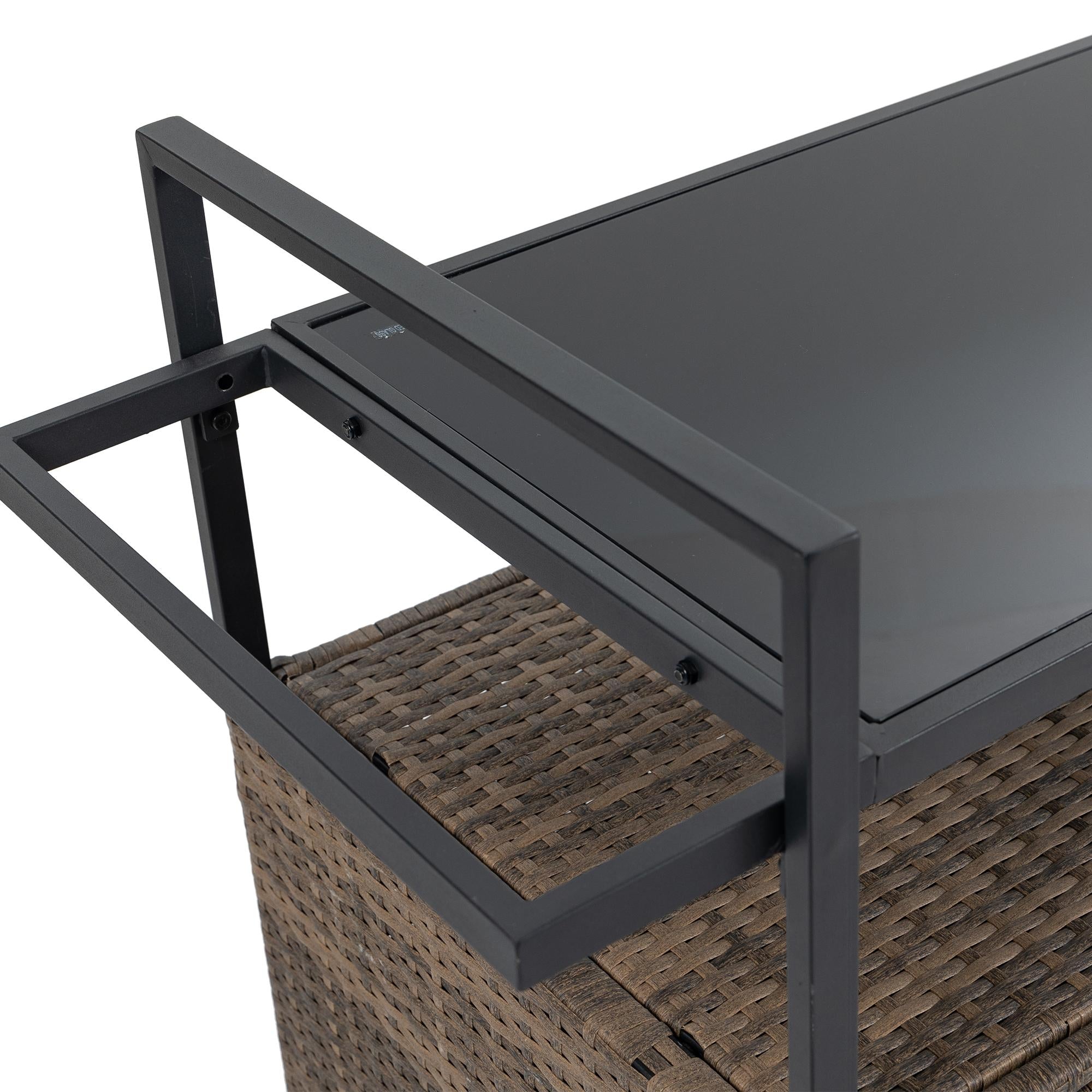 Outdoor Wicker Bar Cart with Wheels, Patio Wine Serving Cart with Glass Top and Storage Cabinet, 51" L x 20" W x 35.5" H, Light Brown