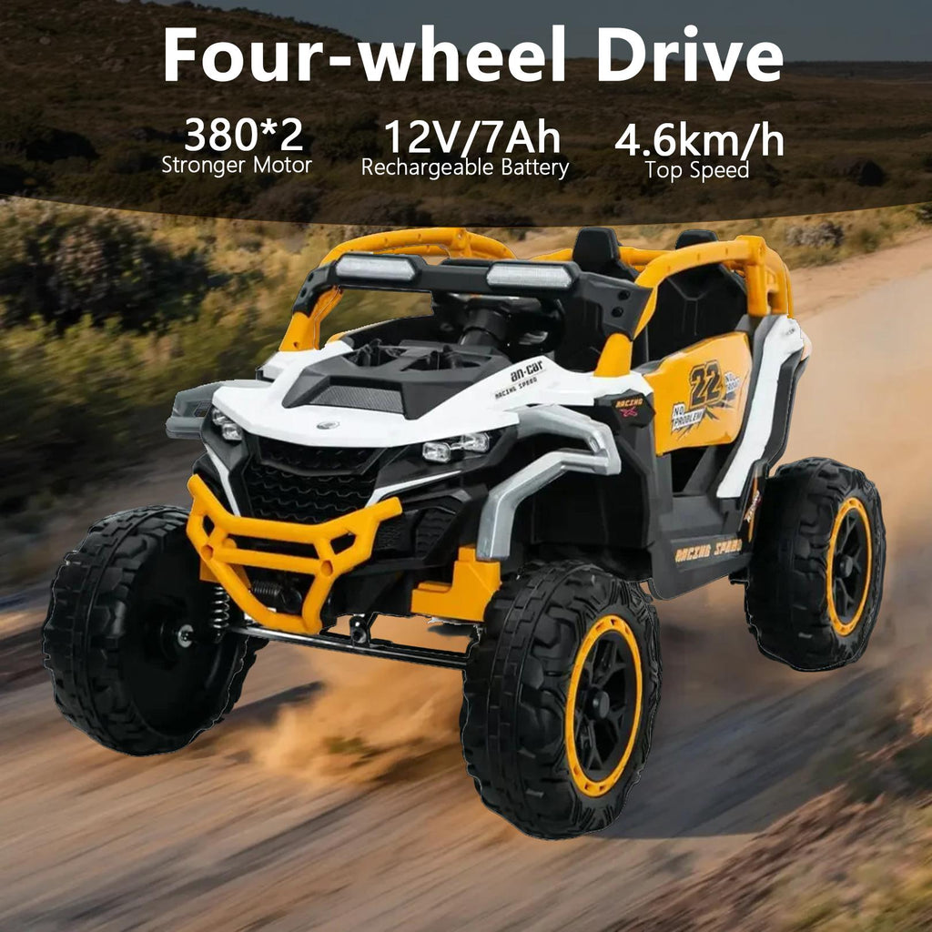 12V 2-Seater Kids Electric UTV Ride-On with Remote Control, Electric Go-Kart with Music & Flashlights, 45.5" L x 28.5" W x 24.5" H, Yellow+White