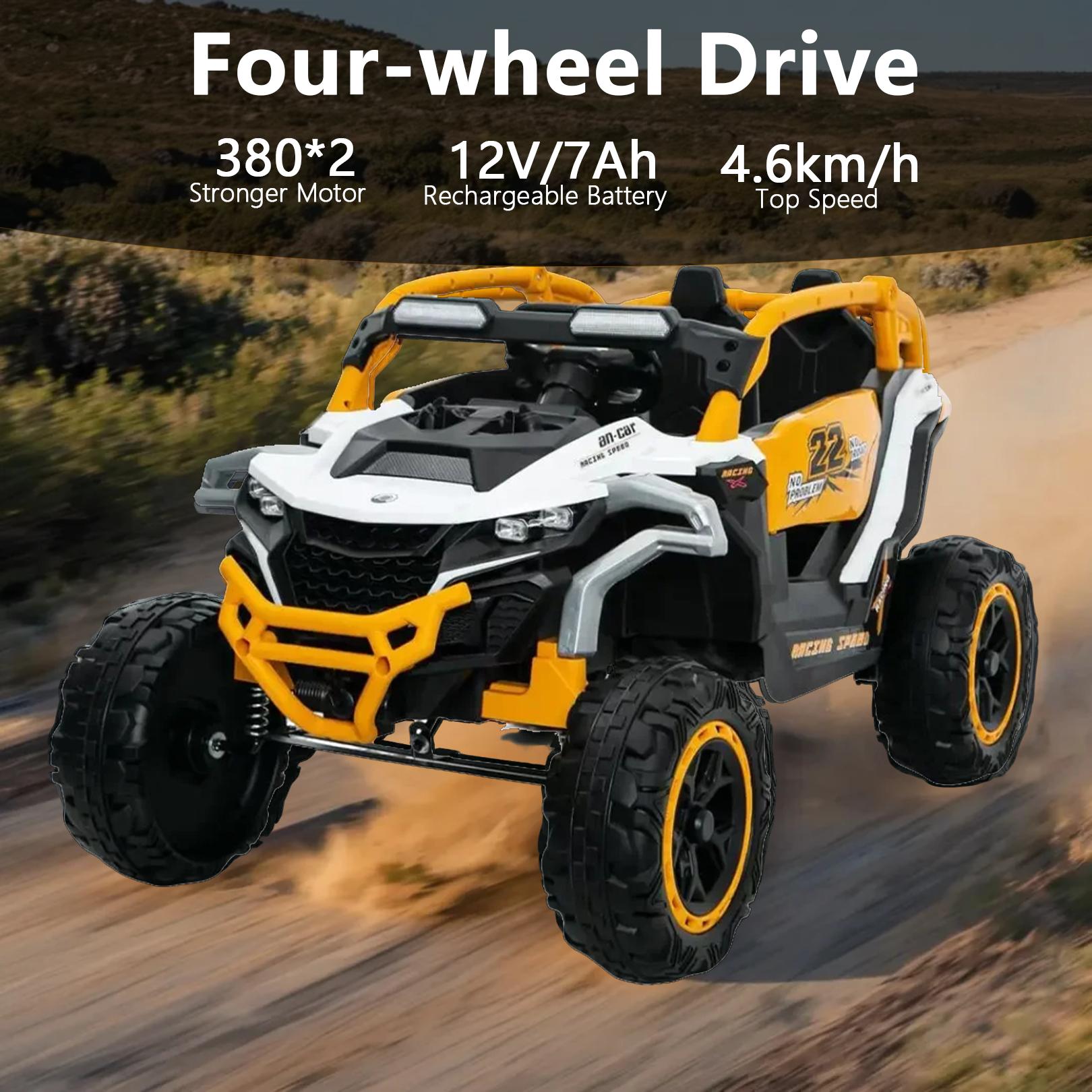 12V 2-Seater Kids Electric UTV Ride-On with Remote Control, Electric Go-Kart with Music & Flashlights, 45.5" L x 28.5" W x 24.5" H, Yellow+White