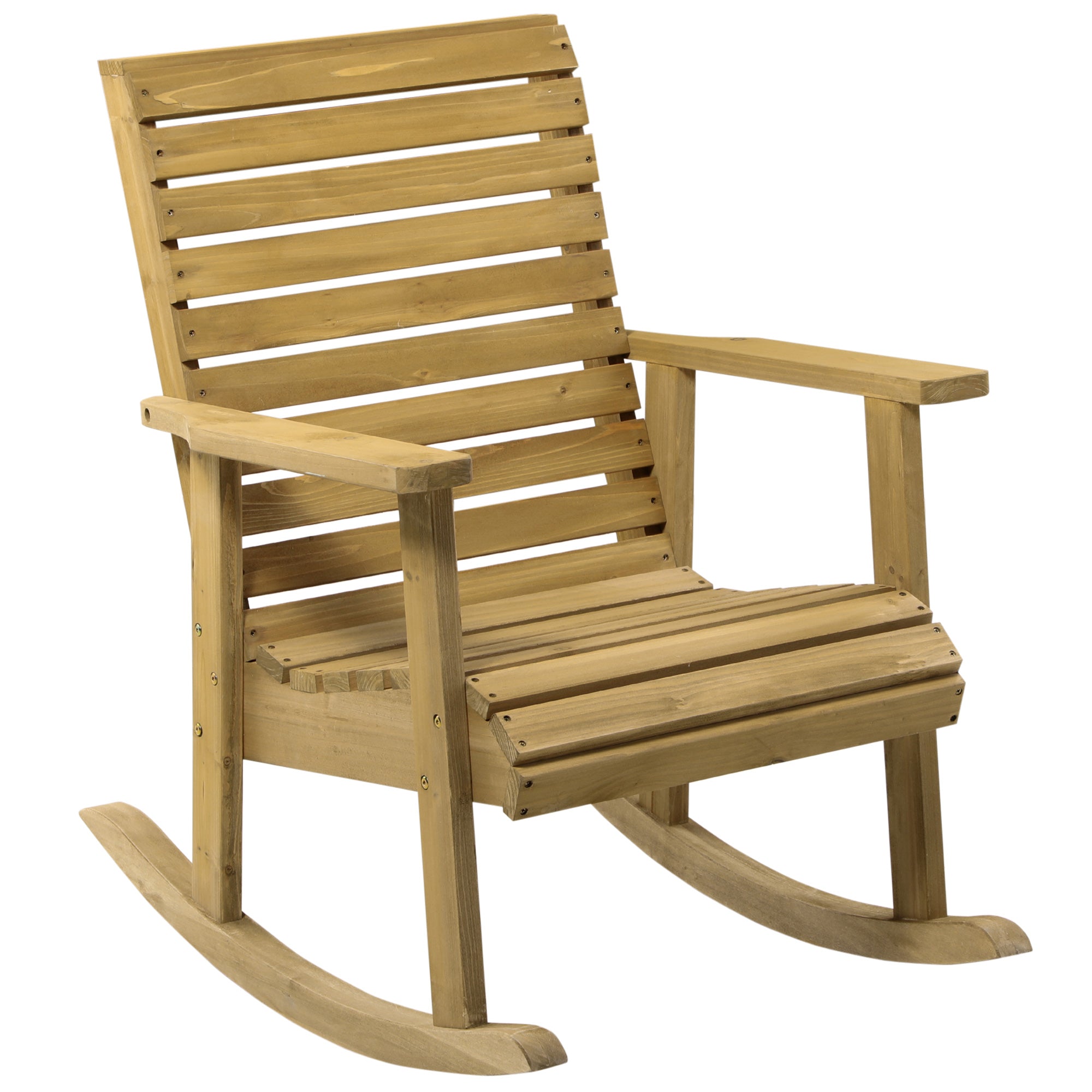 Wooden Outdoor Rocking Chair, Traditional Slatted Wood Rocker Chair with Armrests and High Backrest for Indoor & Outdoor, Light Brown