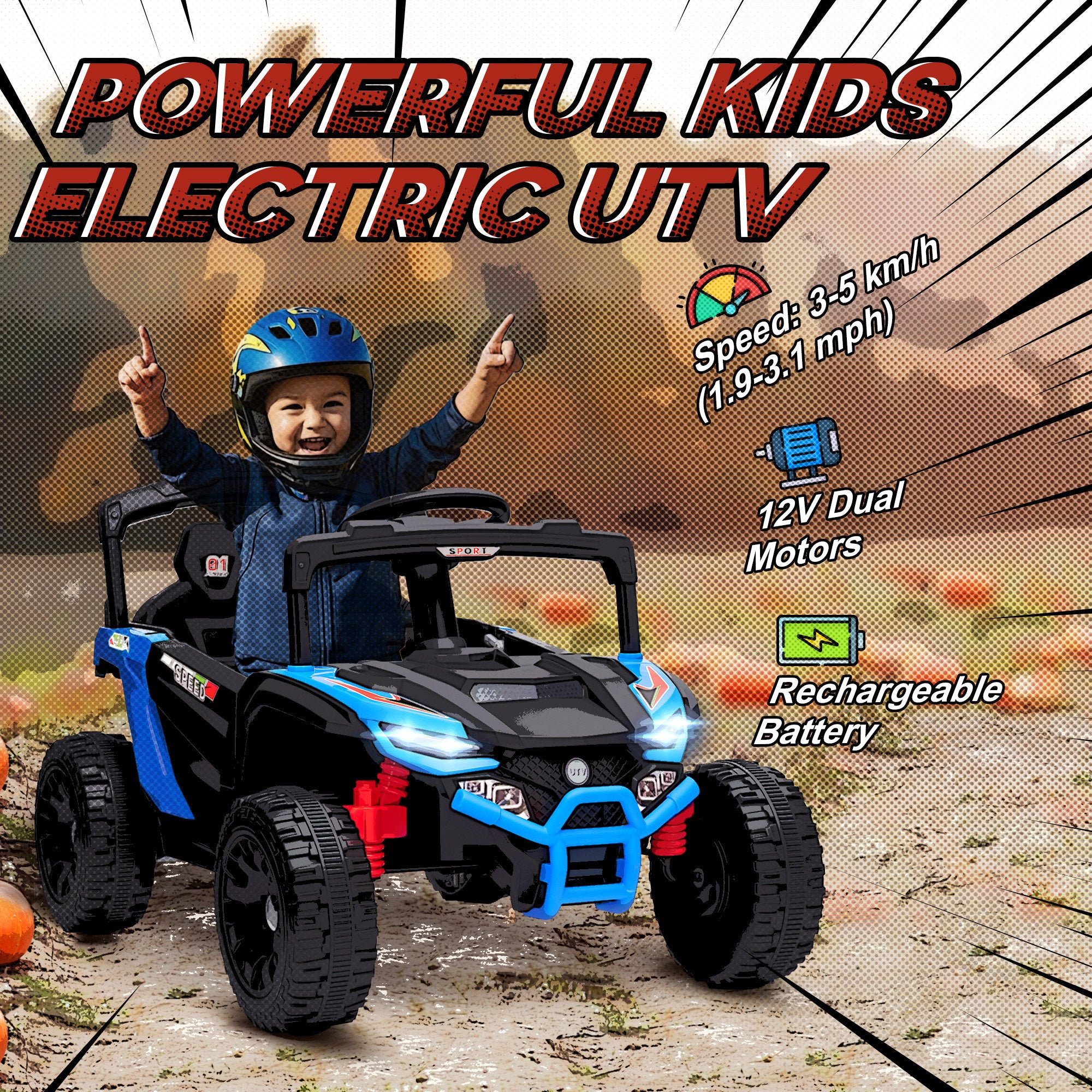 12V Kids Ride On Truck, Battery Powered Electric UTV Vehicle with Rear Suspension, Remote Control for 3-5 Years, Blue