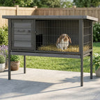 Wooden Rabbit Hutch Elevated with No Leak Tray, Openable Roof for Indoor/Outdoor, Gray