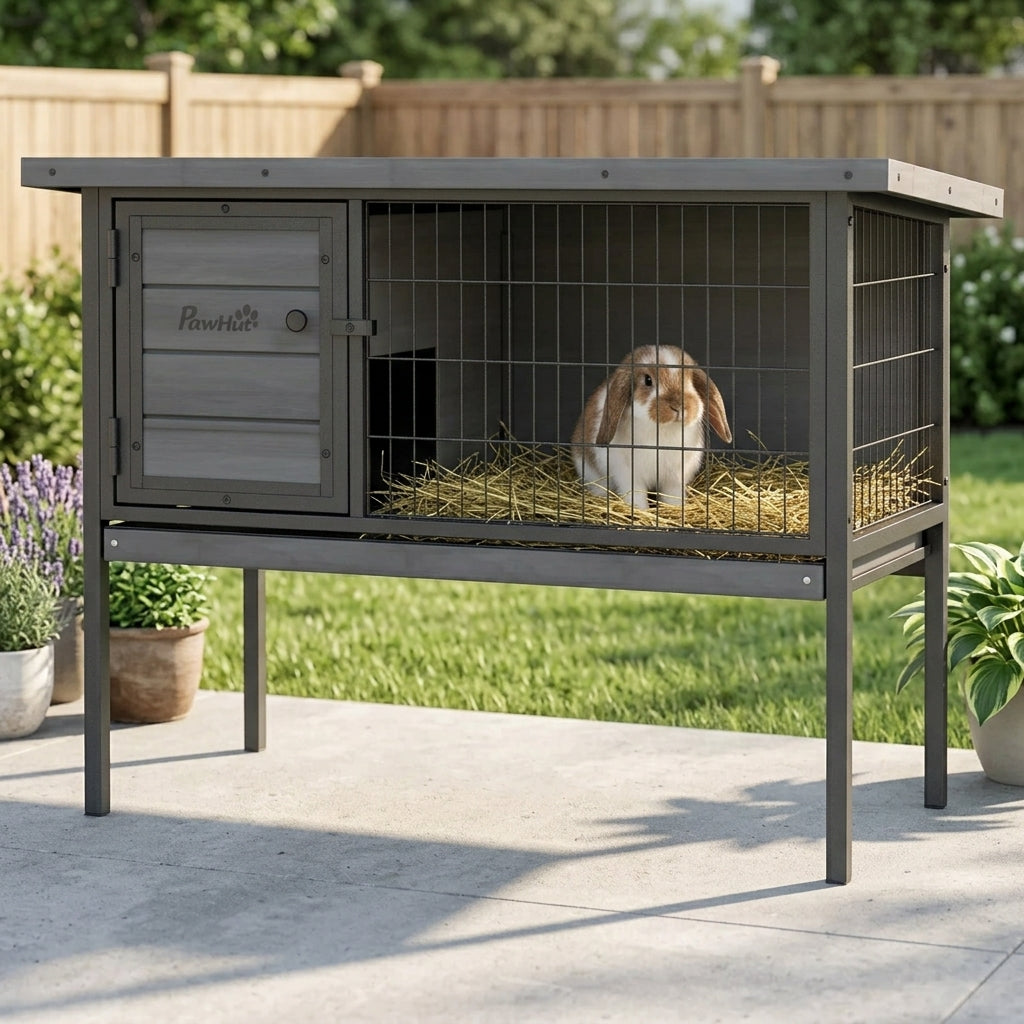 Wooden Rabbit Hutch Elevated with No Leak Tray, Openable Roof for Indoor/Outdoor, Gray