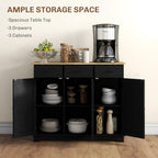 Kitchen Storage Cabinet, Sideboard Floor Cupboard with Solid Wood Top, Adjustable Shelf, and 3 Drawers, Black Wood Grain