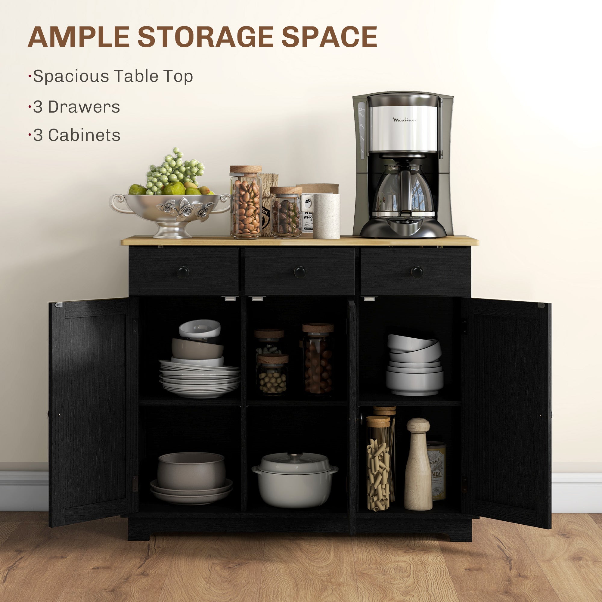 Kitchen Storage Cabinet, Sideboard Floor Cupboard with Solid Wood Top, Adjustable Shelf, and 3 Drawers, Black Wood Grain