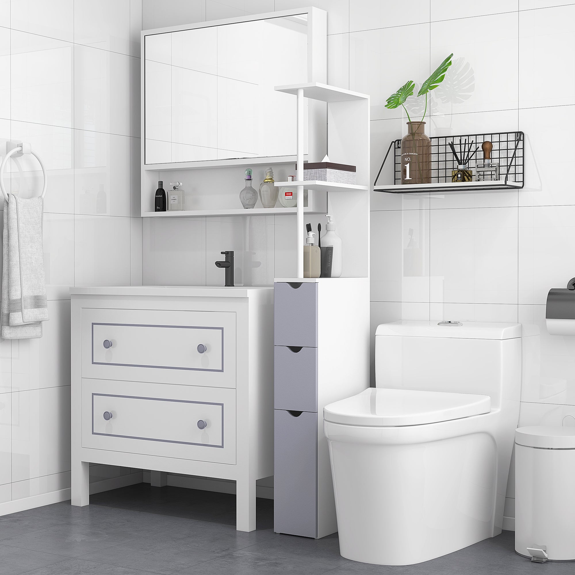 54" Tall Bathroom Storage Cabinet, Freestanding Linen Tower with 2-Tier Shelf and Drawers, Narrow Side Floor Organizer, White