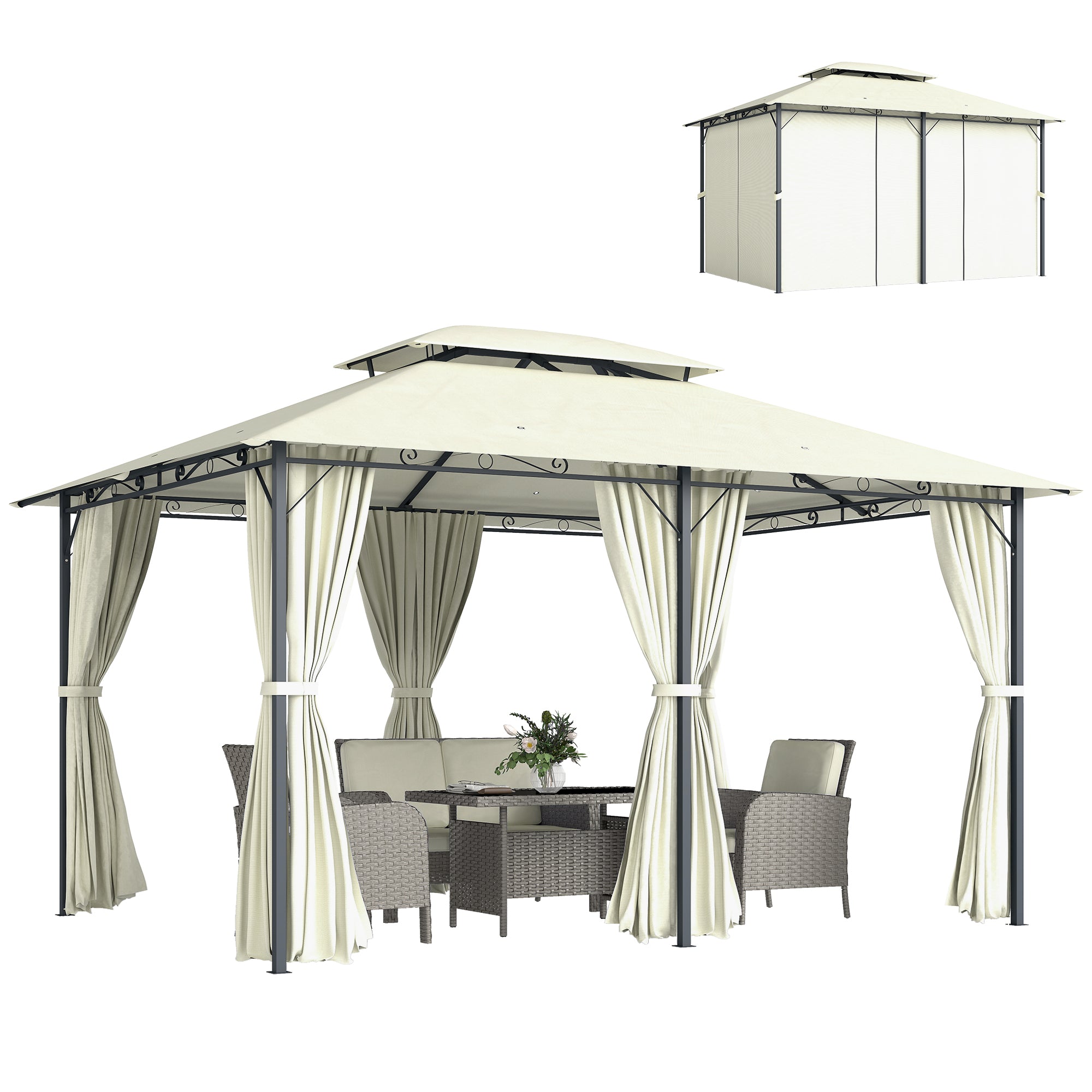 10' x 13' Patio Gazebo, Outdoor Gazebo Canopy Shelter with Curtains, Vented Roof, Steel Frame for Garden, Lawn, Backyard and Deck, Cream White