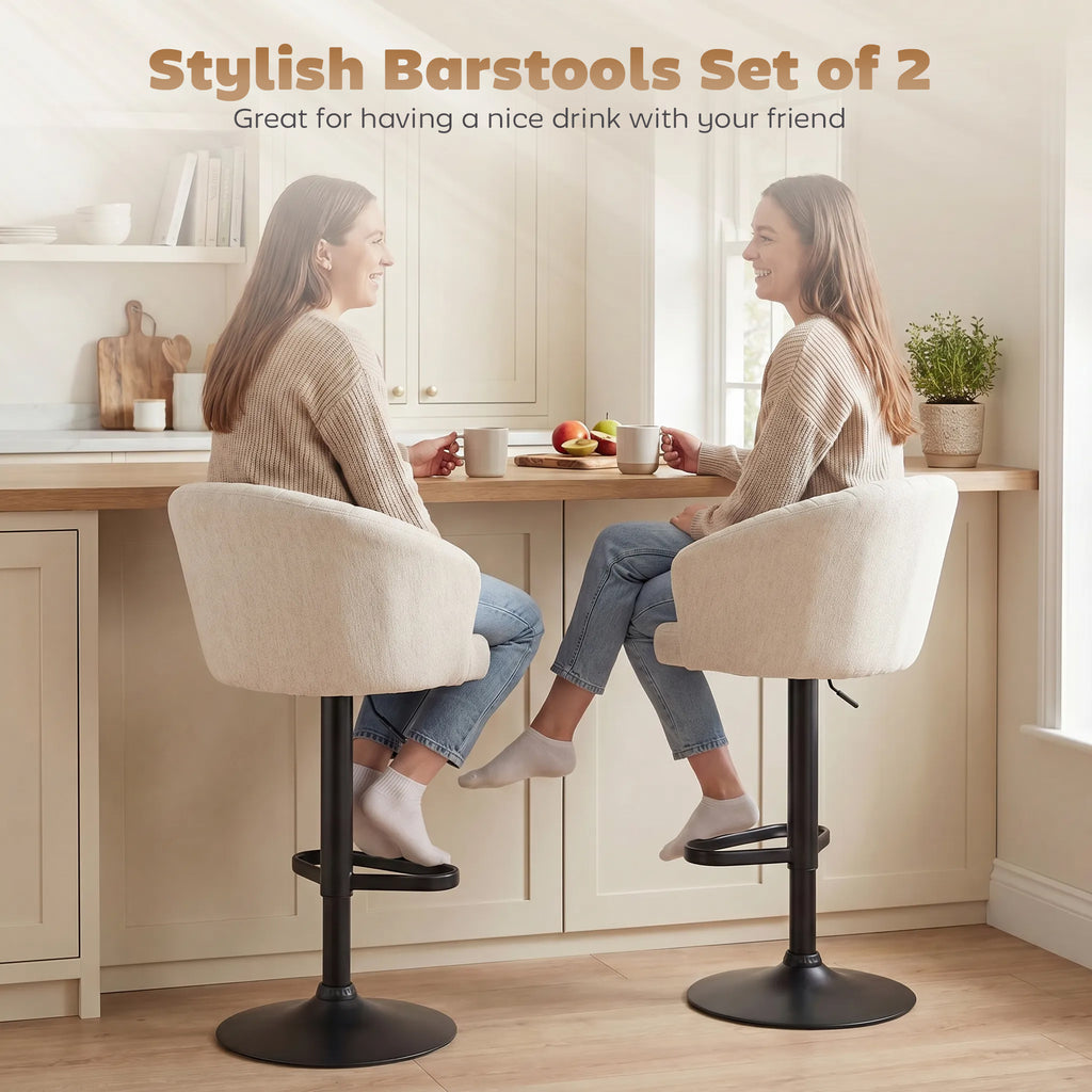 Modern Upholstered Adjustable Barstools with Swivel Seat, Linen Touch Fabric, Steel Frame, Footrest, ‎Beige