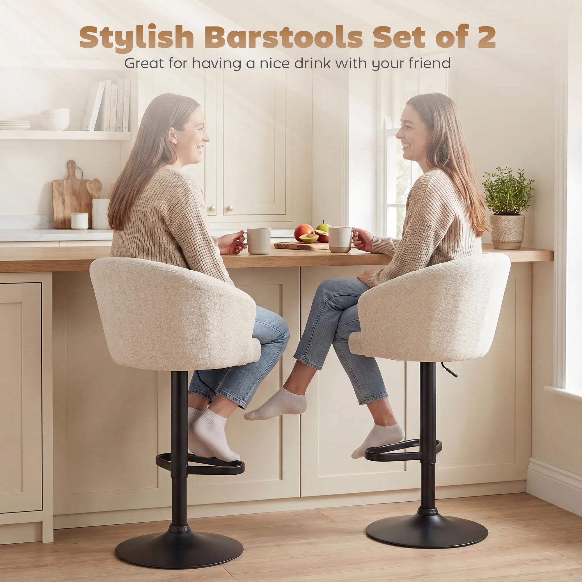 Modern Upholstered Adjustable Barstools with Swivel Seat, Linen Touch Fabric, Steel Frame, Footrest, ‎Beige