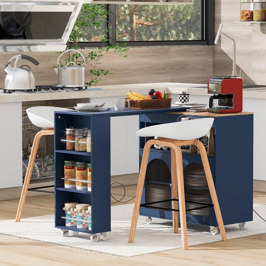 LED Kitchen Island with Extended Table, Power Outlets, Storage Shelves, Utility Cart with Fluted Glass Doors, 56.5" L x 33" W x 38" H, Navy Blue