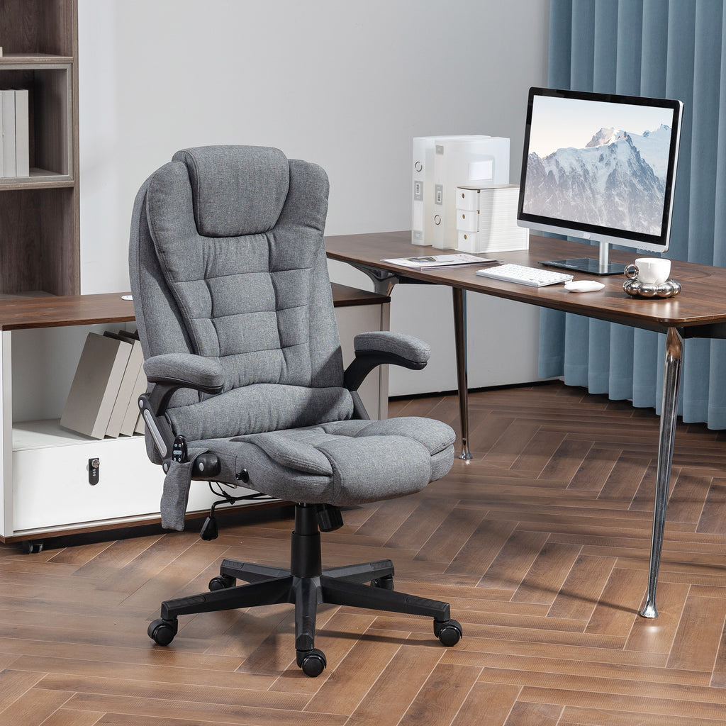 6 Point Vibrating Massage Office Chair with Heat, Linen High Back Massage Desk Chair with Reclining Backrest, Gray