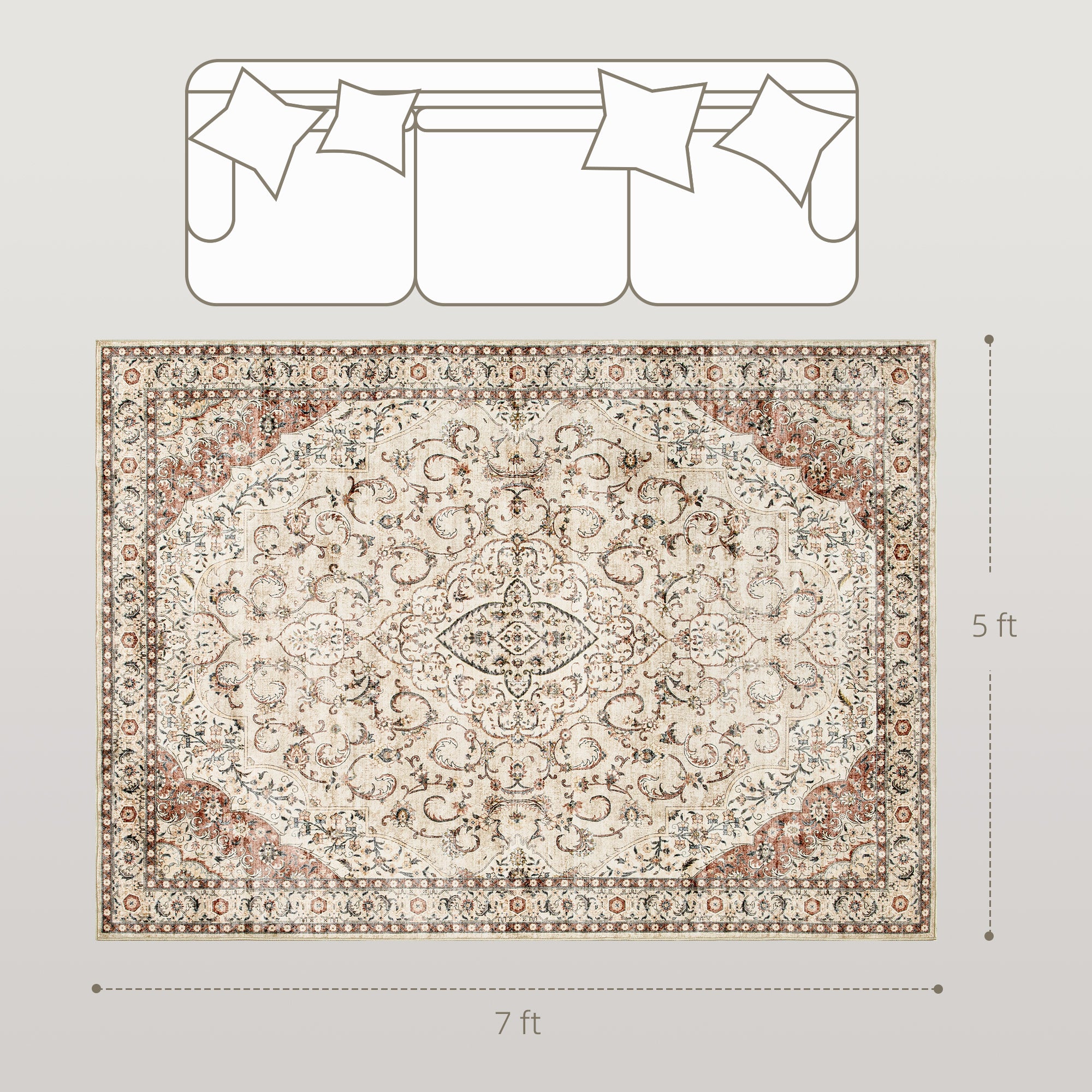 Area Rug 5x7, Machine Washable Rug, Non-Slip Classical Floral Print Floor Carpet for Living Room, Bedroom, Mixed-Brown
