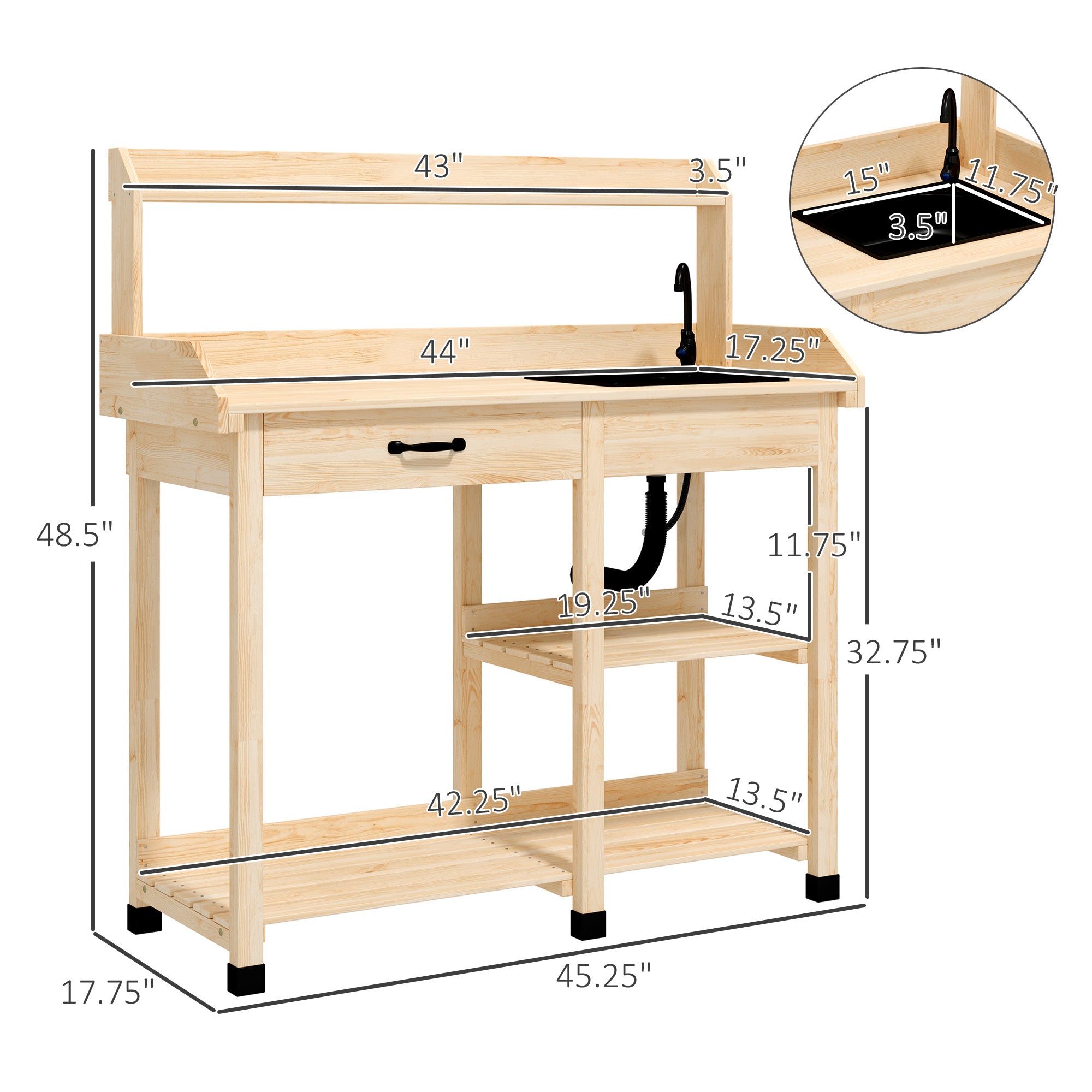 Potting Bench Table, Outdoor Garden Table Wooden Work Station with Removable Sink, Faucet, Drawer, Shelves, Hooks, Natural Wood