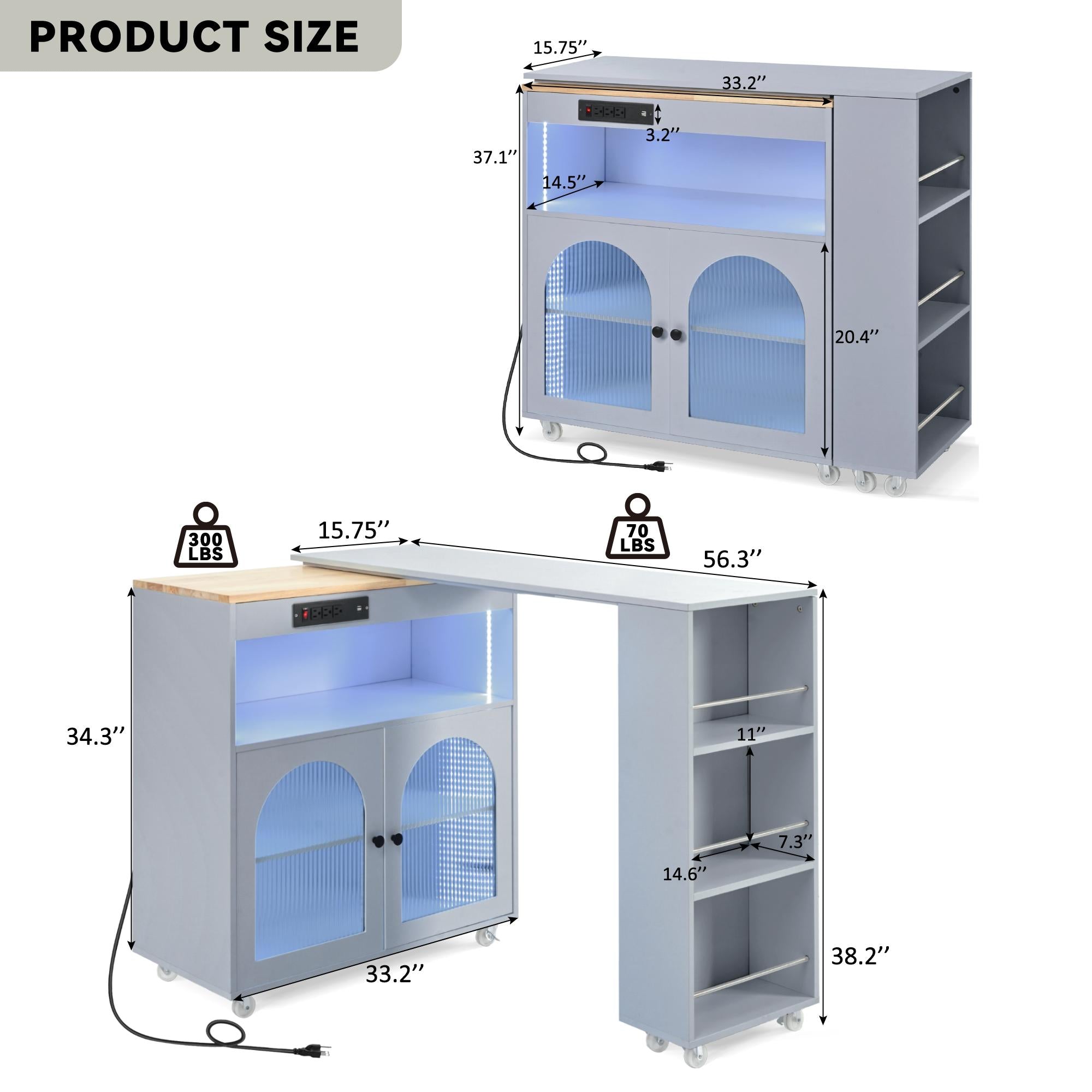 Extended LED Kitchen Island with Power Outlets, Adjustable Shelves, Central Island with Fluted Glass Doors, 56.5" L x 33" W x 38" H, Slate Blue