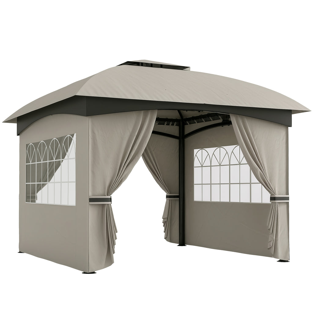 11' x 11' Outdoor Gazebo, Double Roof Patio Gazebo with Curtains, Church Windows, Galvanized Steel Frame, Light Gray