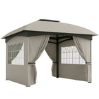 11' x 11' Outdoor Gazebo, Double Roof Patio Gazebo with Curtains, Church Windows, Galvanized Steel Frame, Light Gray