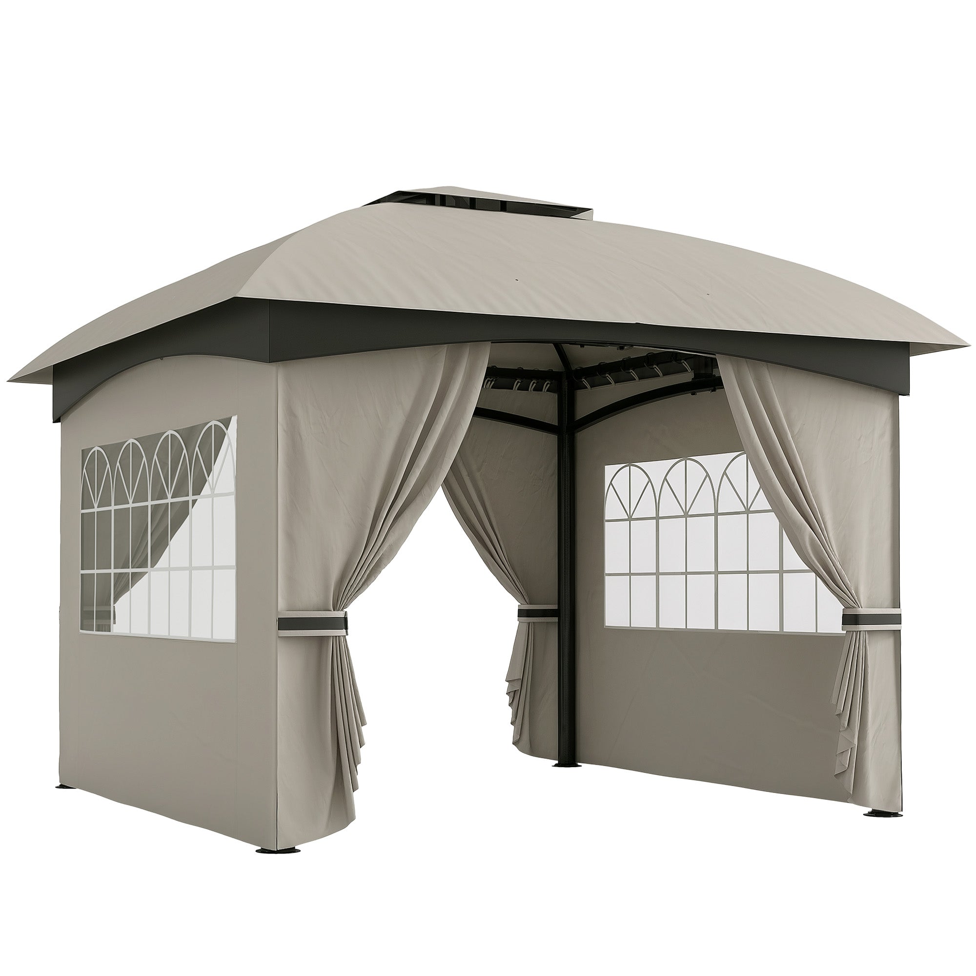 11' x 11' Outdoor Gazebo, Double Roof Patio Gazebo with Curtains, Church Windows, Galvanized Steel Frame, Light Gray