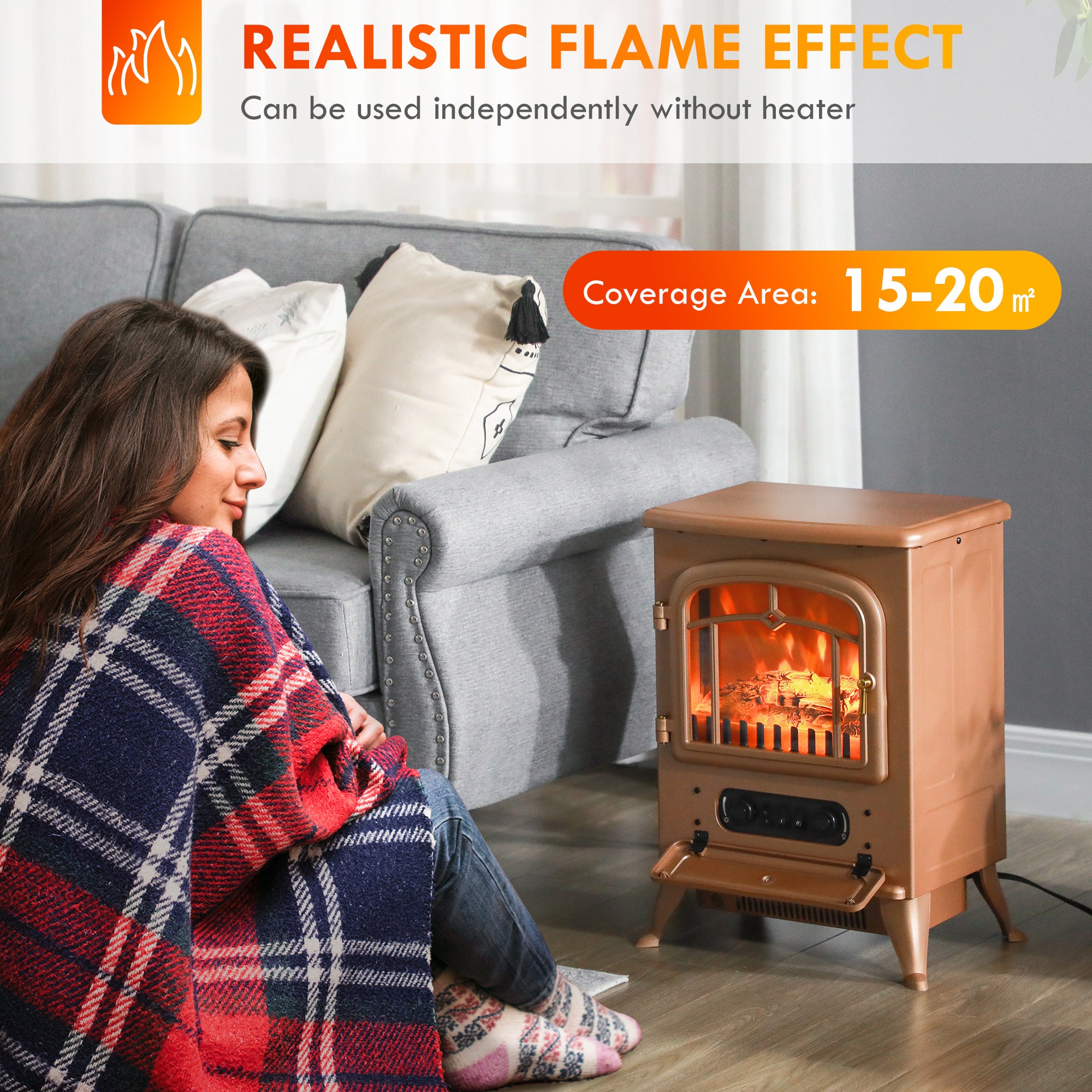 Fireplace Stove, Electric Fireplace Heater with Realistic LED Flames and Logs, 725W/1450W, Dark Brown
