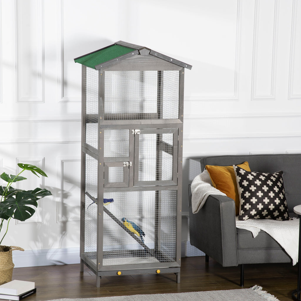 65" Wooden Bird Cage Outdoor Aviary House for Parrot, Parakeet, with Pull Out Tray and 2 Doors, Grey