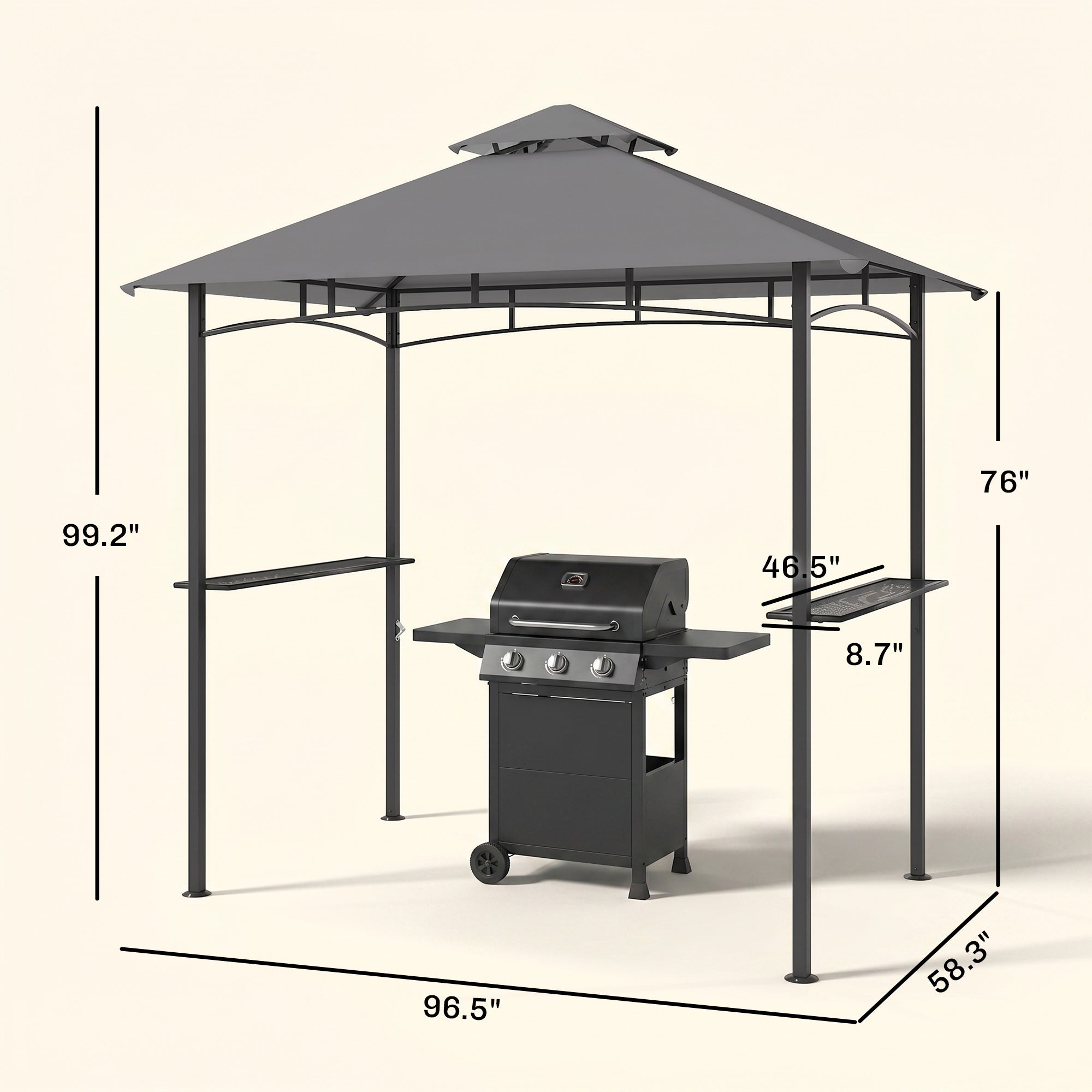 8' x 5' Grill Gazebo with Double Roof, Outdoor BBQ Canopy Gazebo with 2 Side Shelves for Patio Yard Garden Gray