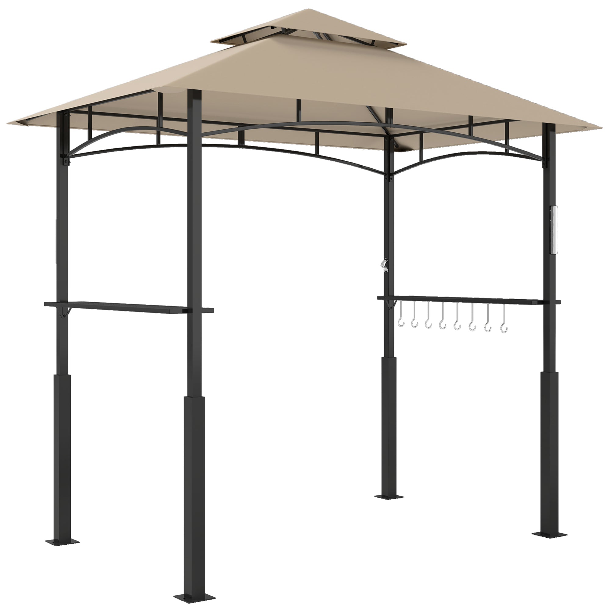 8' x 5' Outdoor Grill Gazebo, Barbecue Gazebo Shelter with LED Light, 2 Side Shelves, Hooks, Bottle Opener, Khaki