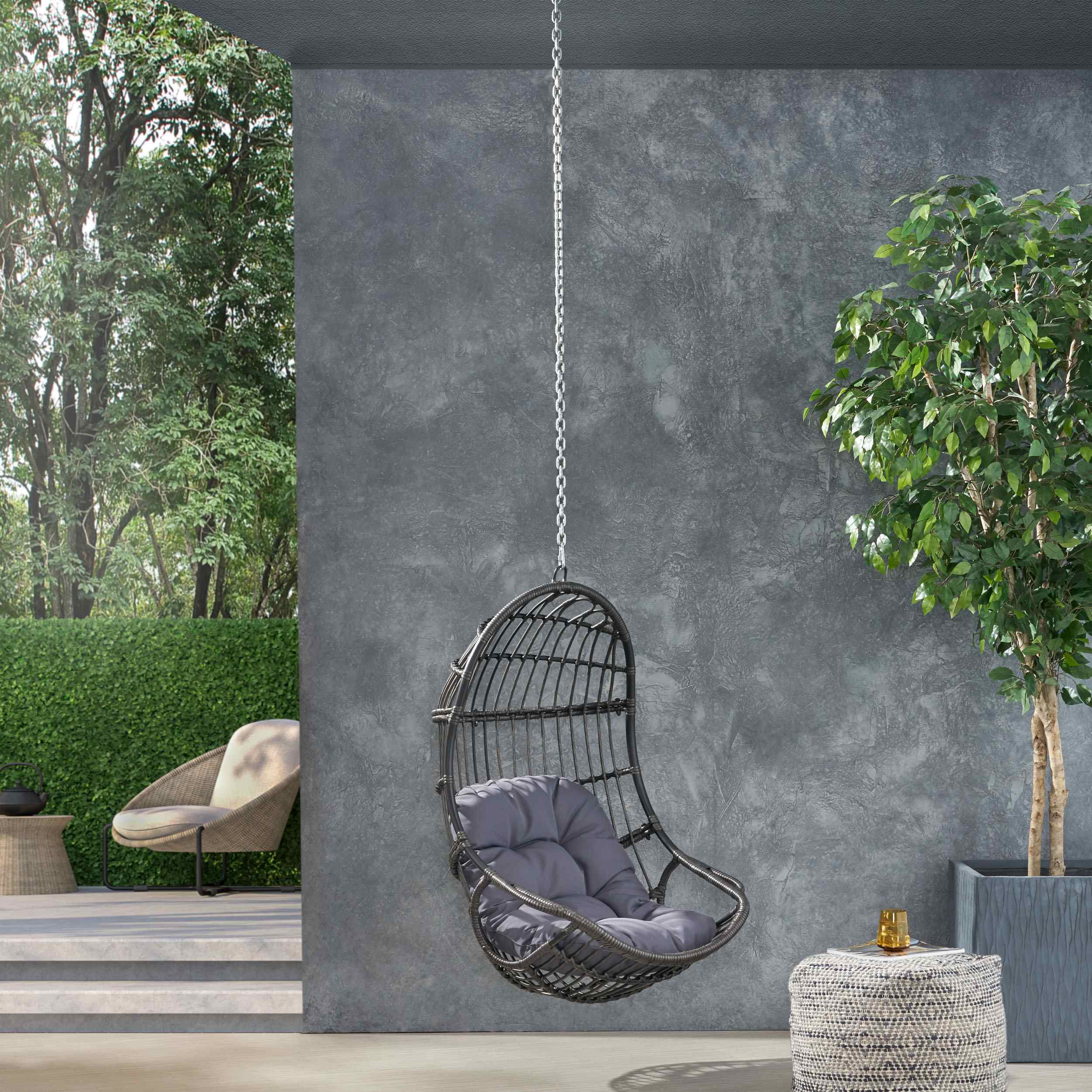 Outdoor/Indoor Wicker Swing Hanging Chair with 8ft Chain, Water-Resistant Cushions, Faux Rattan, 300 lbs Capacity, 30" L x 31.5" W x 44.5" H, Gray
