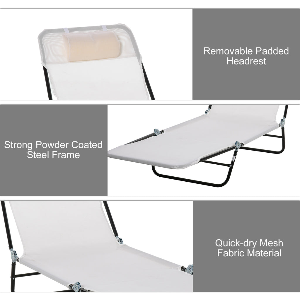 Folding Chaise Lounge Chair, Pool Sun Tanning Chair, Outdoor Lounge Chair with Reclining Back, Breathable Mesh Seat, Headrest for Beach, Yard, Patio, Cream White