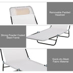 Folding Chaise Lounge Chair, Pool Sun Tanning Chair, Outdoor Lounge Chair with Reclining Back, Breathable Mesh Seat, Headrest for Beach, Yard, Patio, Cream White
