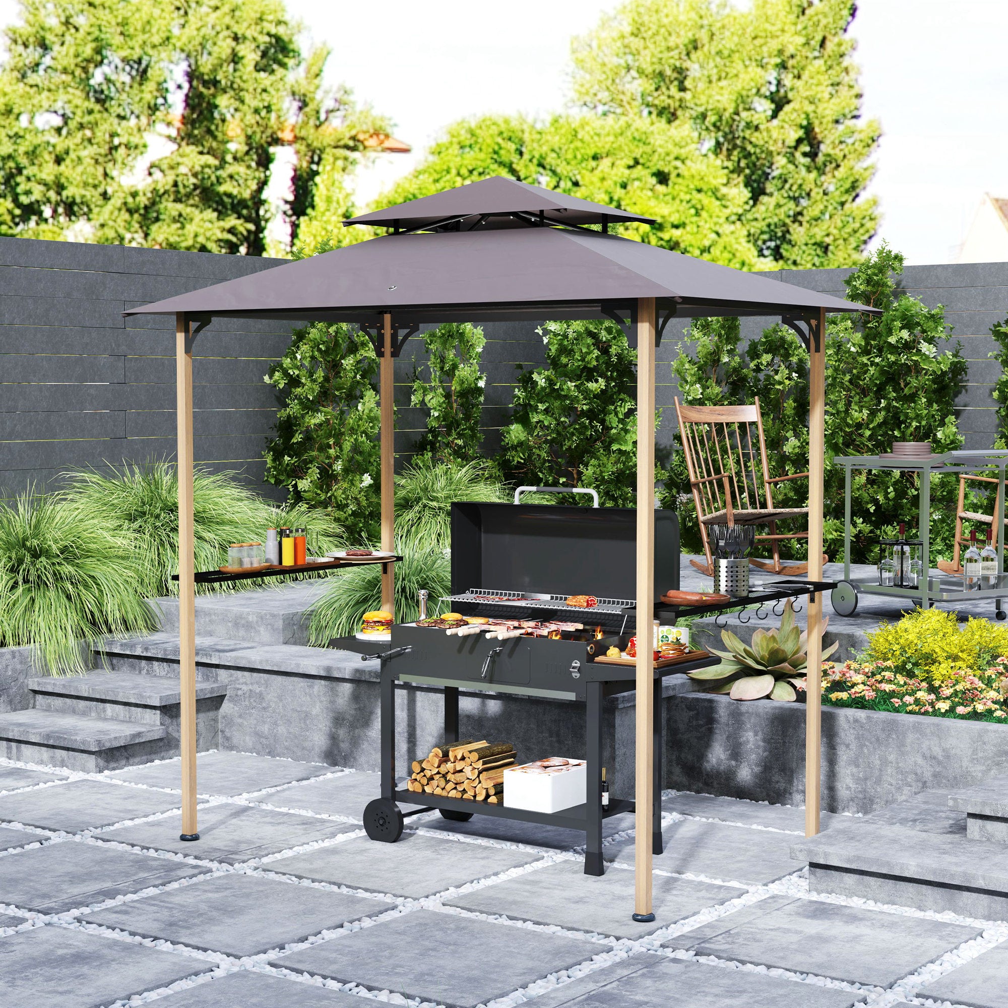 8' x 5' Grill Gazebo, Double Tiered Barbecue Grill Gazebo Shelter with 2 Side Shelves and 10 Hooks for Patio, Garden