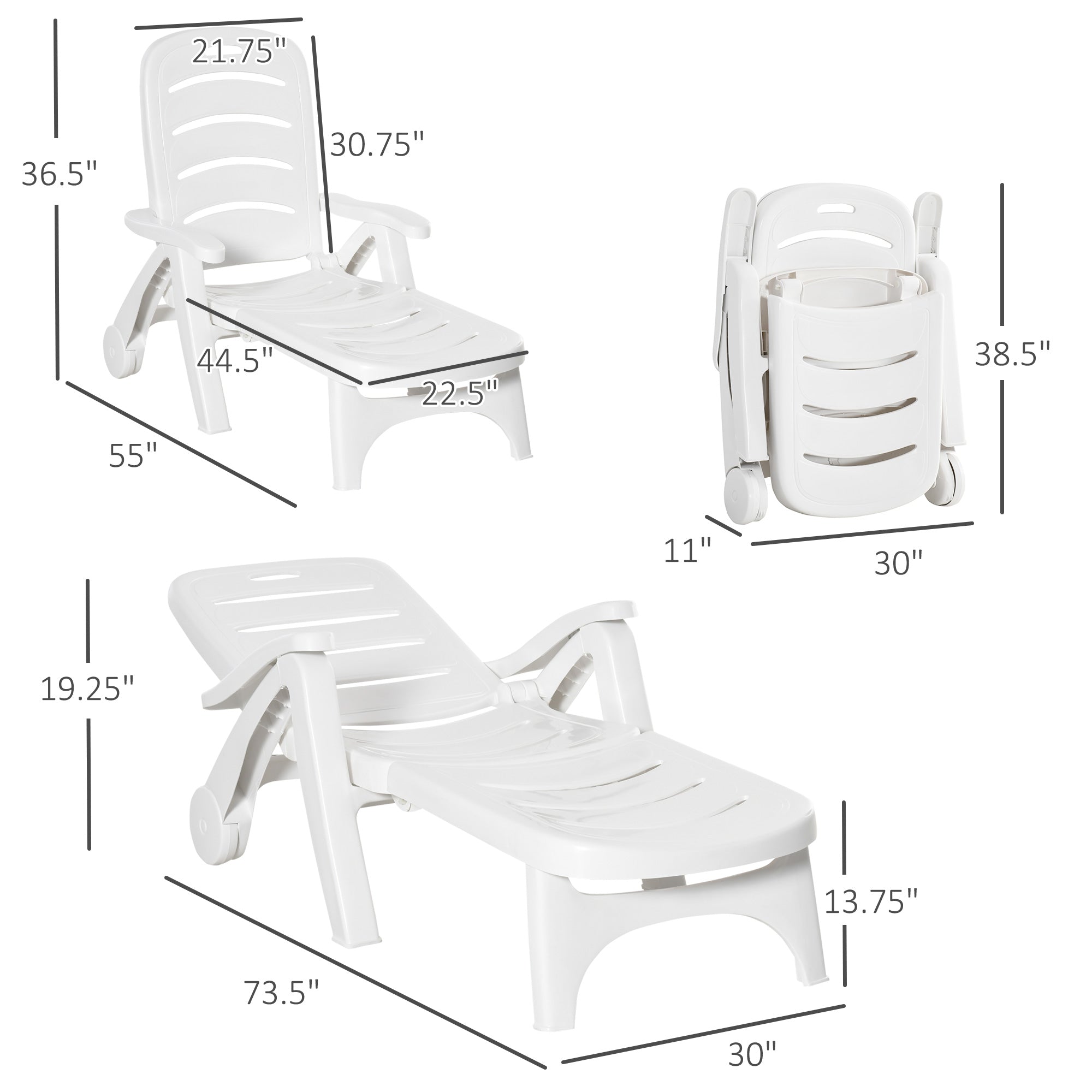 Outdoor Chaise Lounge Chair on Wheels, Waterproof, Quick Assembly, Folding, 5 Level Adjustable Backrest for Pool, White