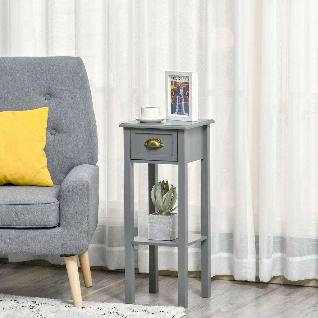 2-Tier Tall Side Table, Nightstand End Table w/ Drawer & Bottom Shelf for Living Room, Bedroom, Gray