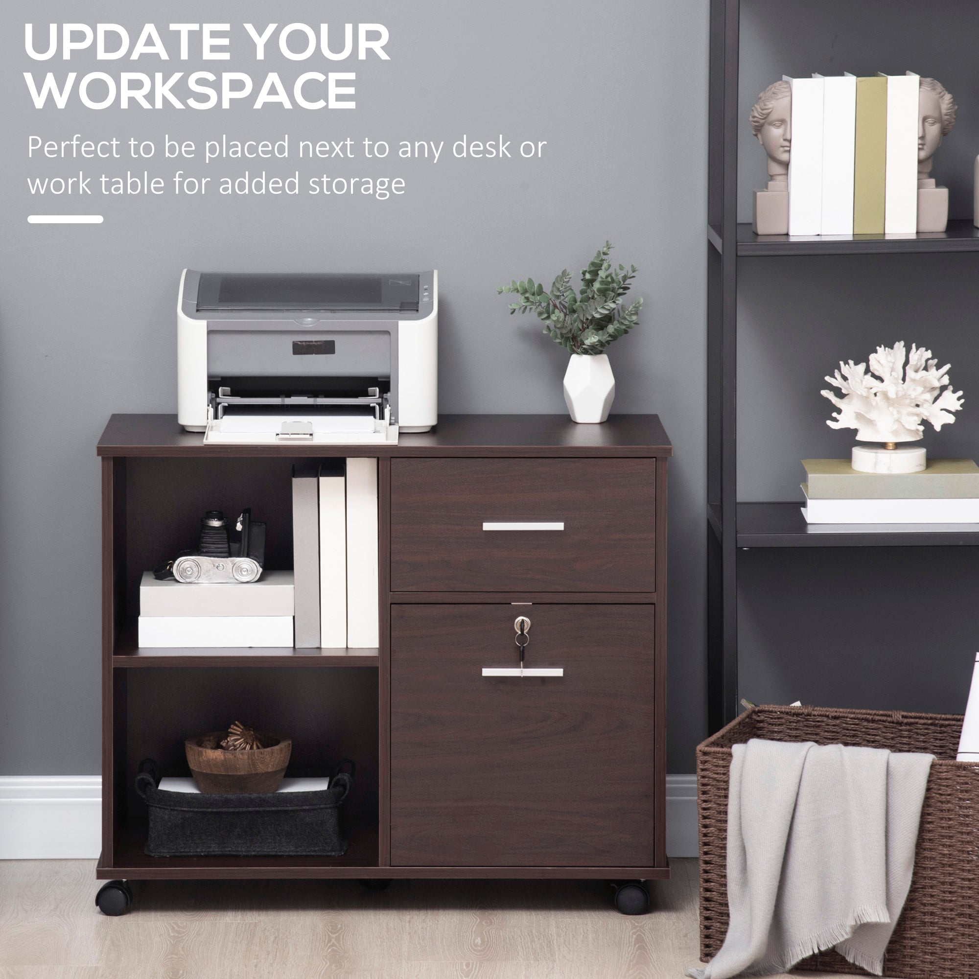 Lateral File Cabinet with Wheels, Mobile Printer Stand with Open Shelves and Drawers for A4 Size Documents, Walnut