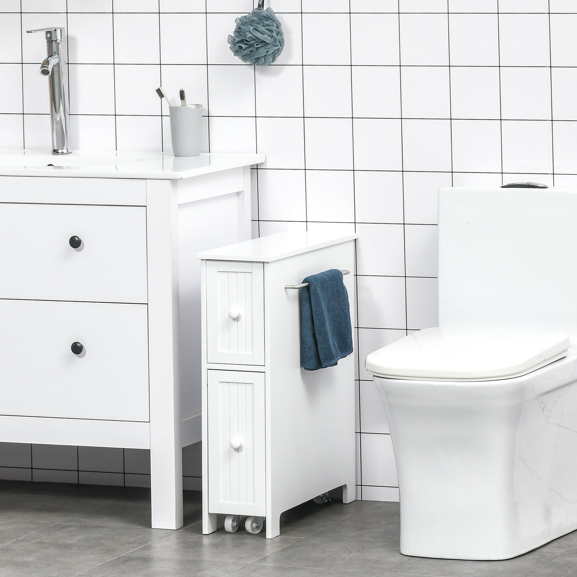 Slim Bathroom Cabinet, Freestanding Storage Cabinet, Toilet Paper Holder with Two Drawers, Side Towel Rack, and Wheels, 7 x 20.5 x 24.75 Inches, White