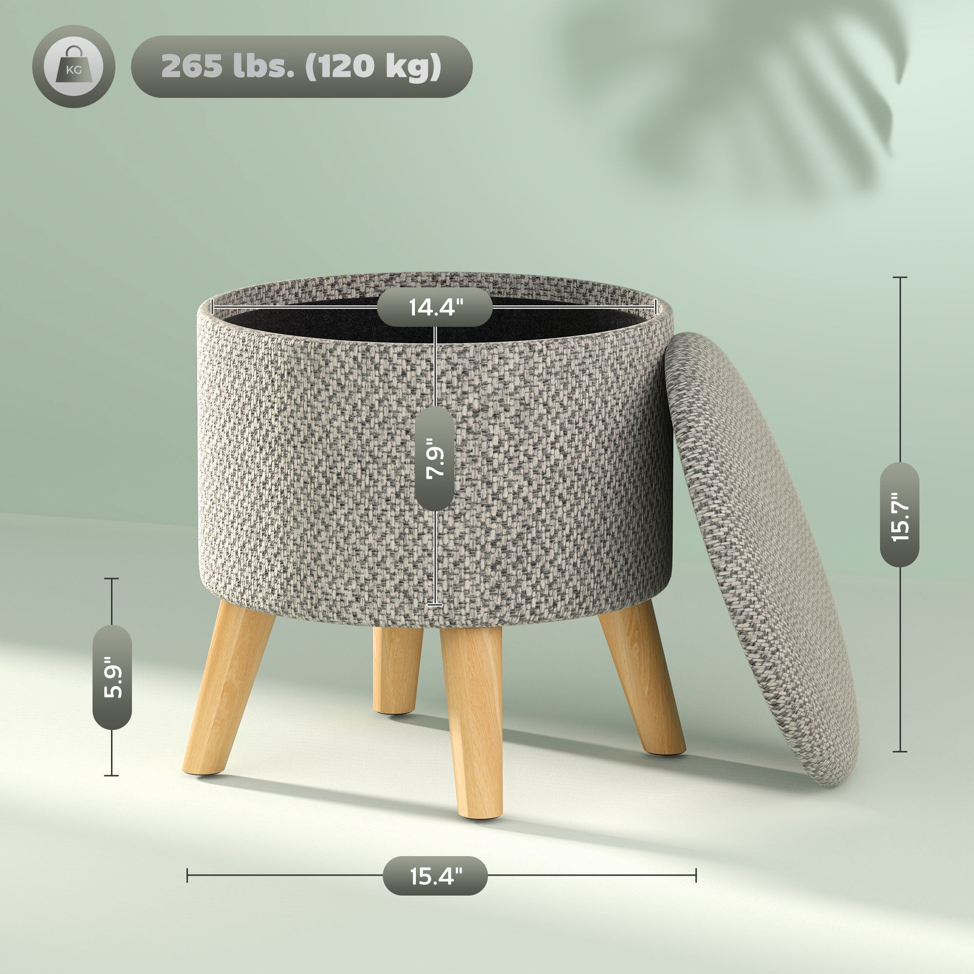 Round Ottoman Stool with Storage, Linen Upholstered Foot Stool with Padded Seat, Hidden Space and Wood Legs, Light Gray
