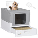 Fully Enclosed Cat Litter Box with Front Entry and Top Exit, Plastic, Gray & White