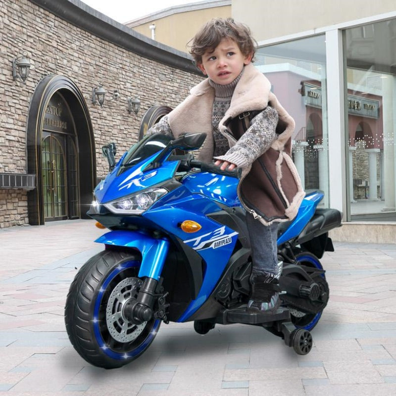 12V Kids Electric Ride-On Motorcycle with Training Wheels and Headlight, Motorbike with MP3 and Light-Up Wheels, 46" L x 20" W x 26" H, Blue