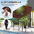 4 Piece Outdoor Bar Set with Umbrella, Patio Dining Set with 2 Folding Chairs, Wave Textured Tempered Glass Table for Backyard, Garden, Deck, Poolside, Black