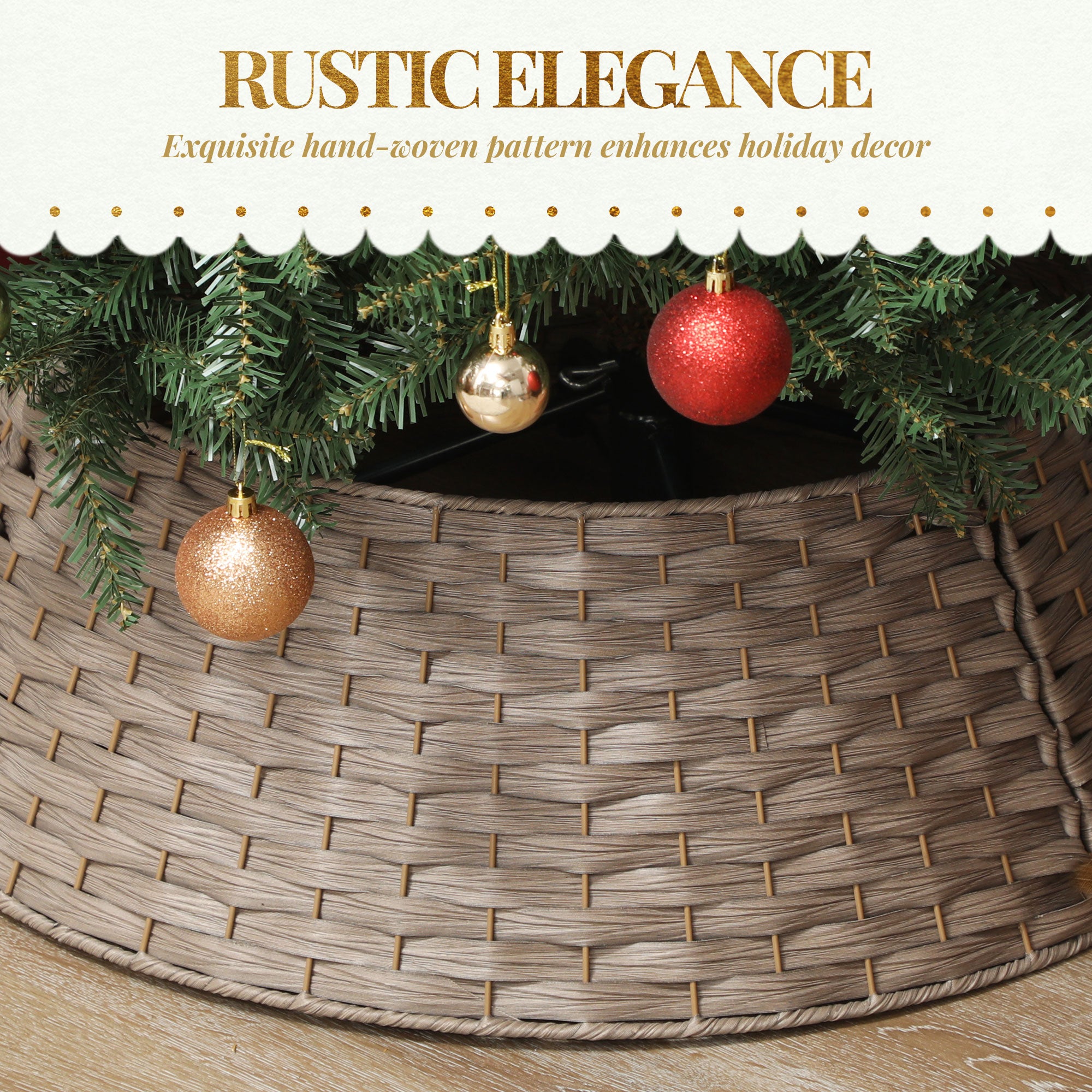 27 inch Rustic Christmas Tree Skirt, Plastic Woven Christmas Tree Collar for Party, Holiday, Home Decoration, Coffee