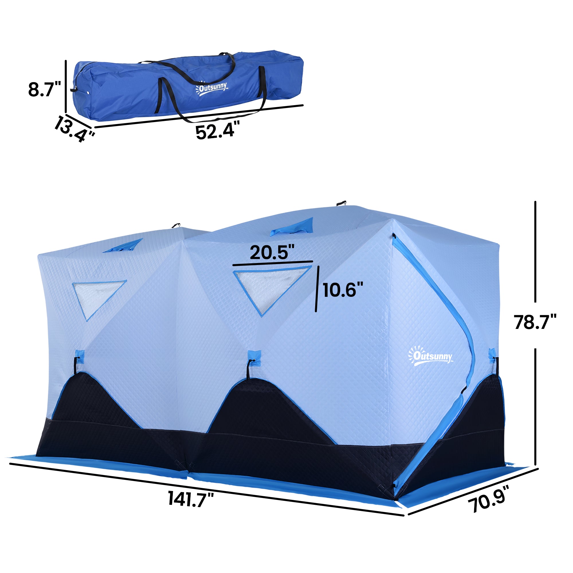 8 Person Ice Fishing Shelter, Pop-Up Ice Shanty Tent, Insulated Portable Tent with 2 Doors & Carrying Bag, Light Blue