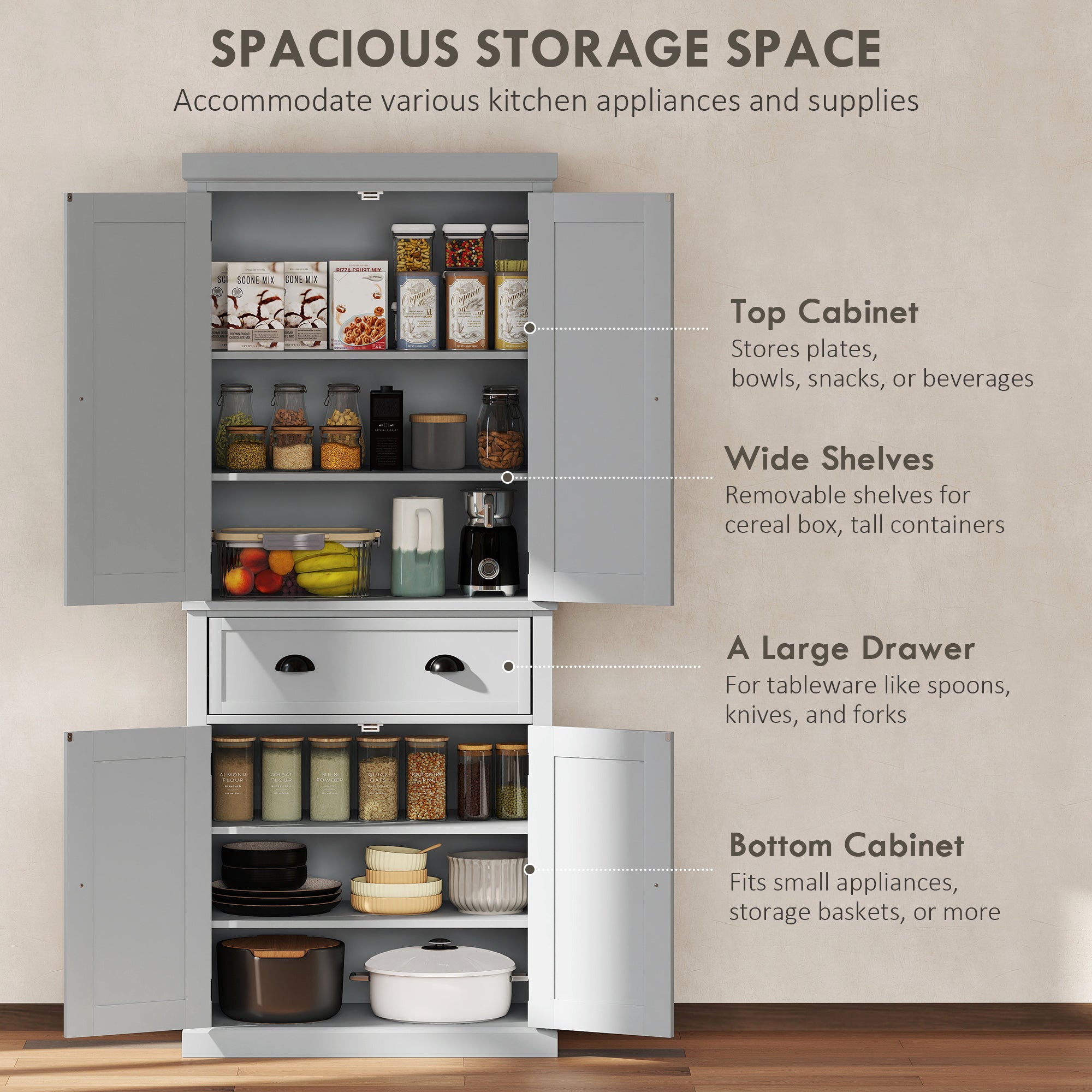 72.5" Kitchen Cabinet, Pantry Storage Cabinet with Doors and Shelves, Freestanding Food Pantry Cabinet, Gray
