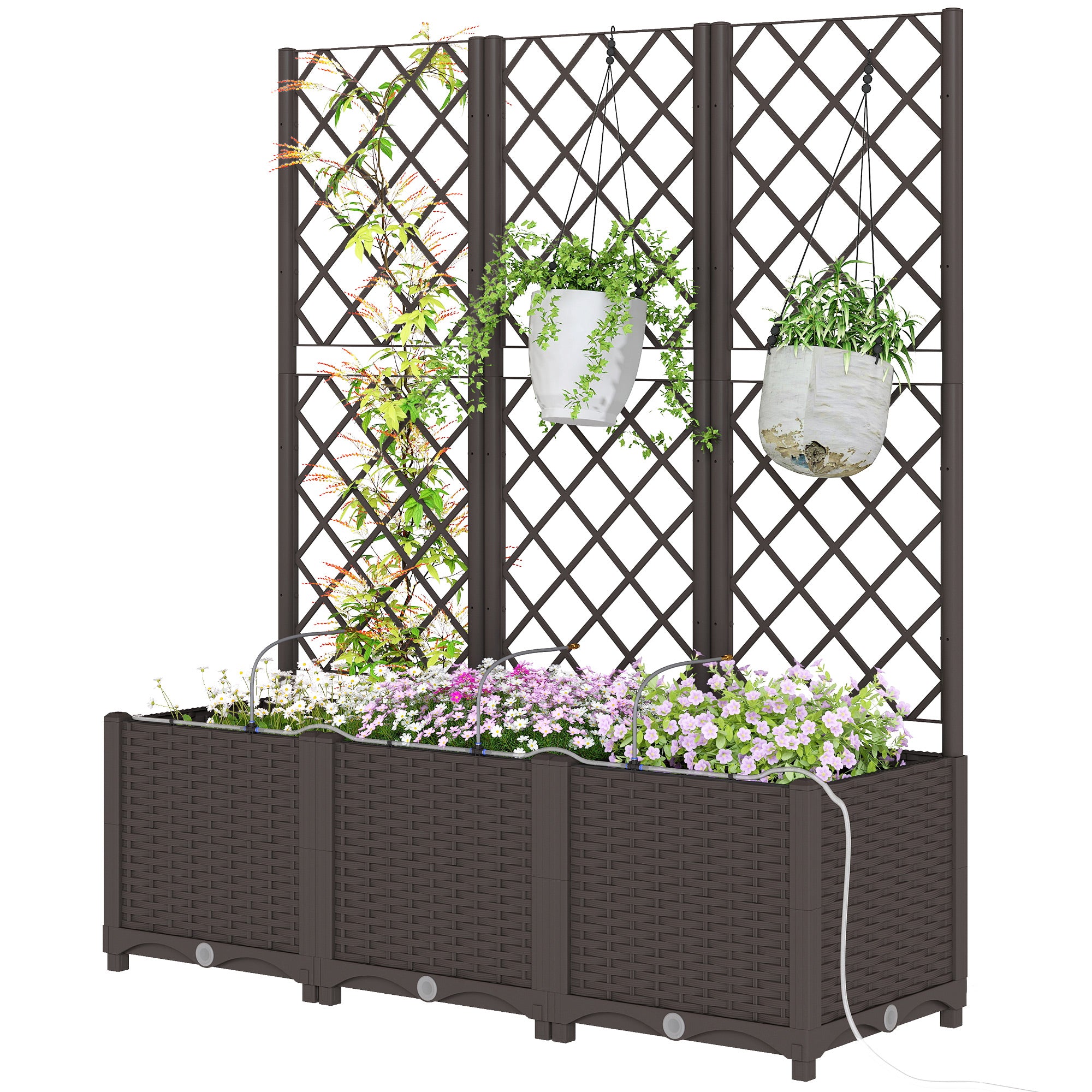 3PCS Plastic Planter Box with Trellis, Self-Watering Raised Garden Bed with Trellis and Automatic Watering Timer Kit