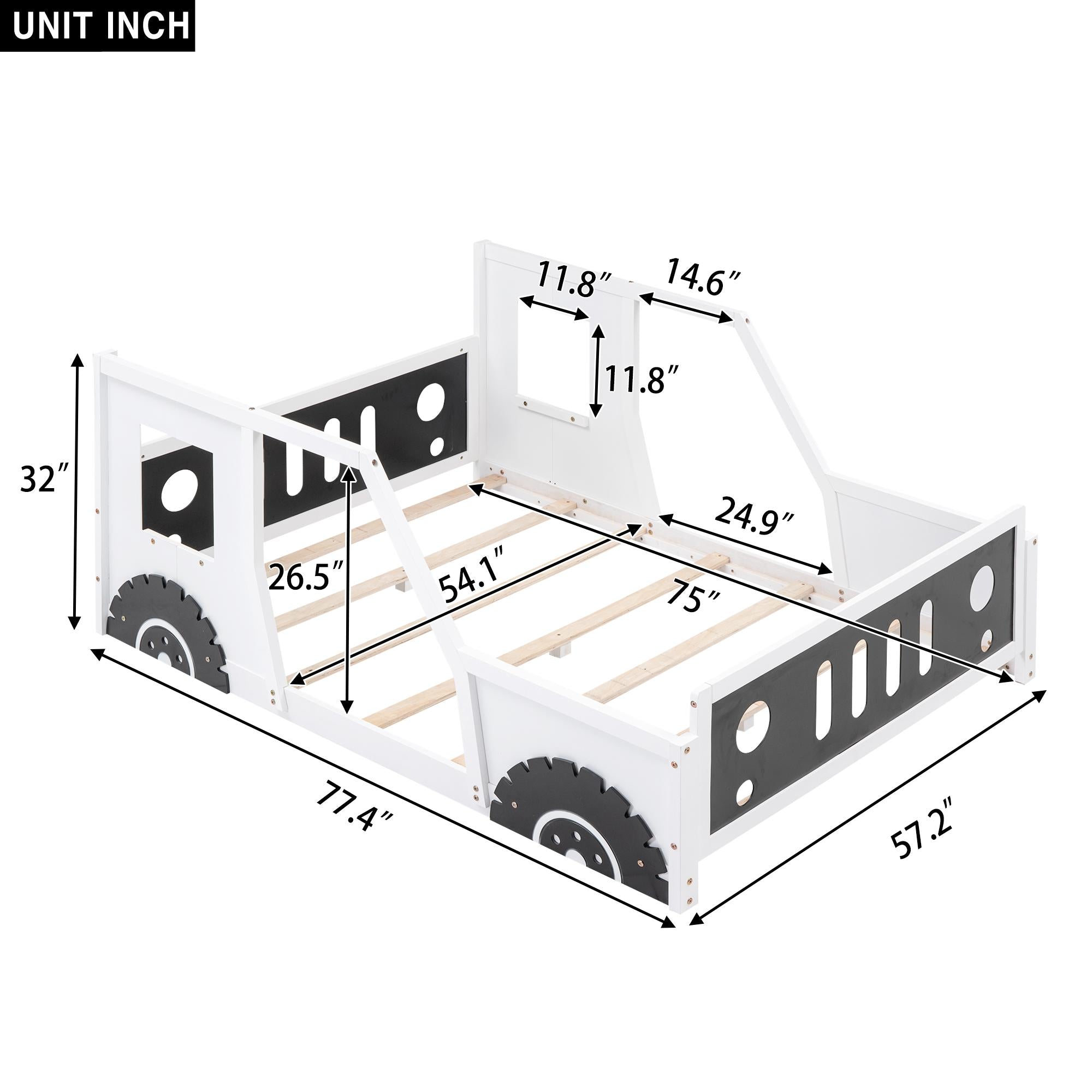 Full Size Classic Car-Shaped Platform Bed with Wheels, Sturdy Pine Wood and MDF Frame, Easy Assembly, 77.5" L x 57" W x 32" H, White