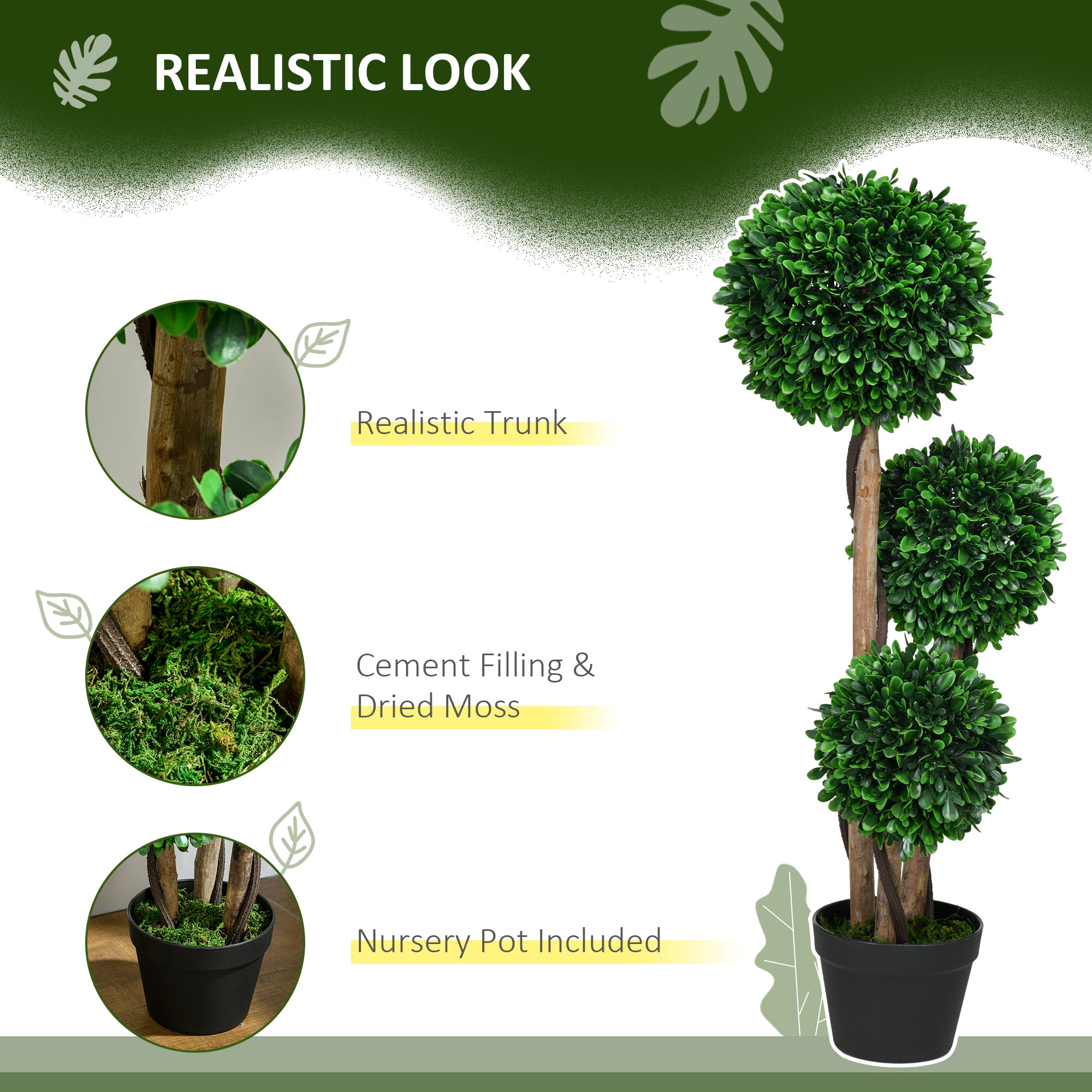 3ft Artificial Tree, Triple Ball Boxwood Topiary with Pot and Sandalwood Leaves, for Indoor Outdoor Home