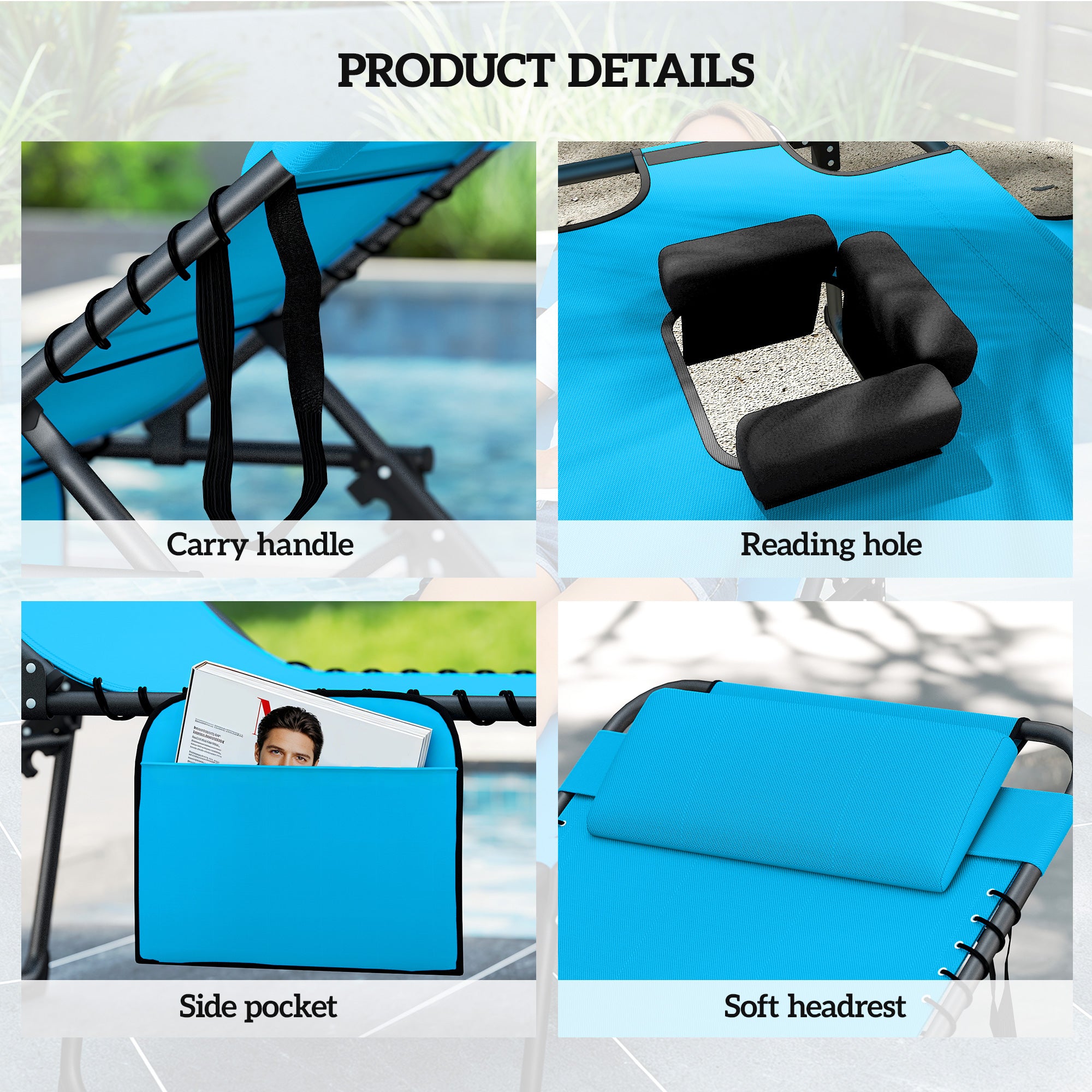 Folding Chaise Tanning Lounge Chair w/ 5-level Reclining Back, Reading Hole, Side Pocket, Headrest, Blue
